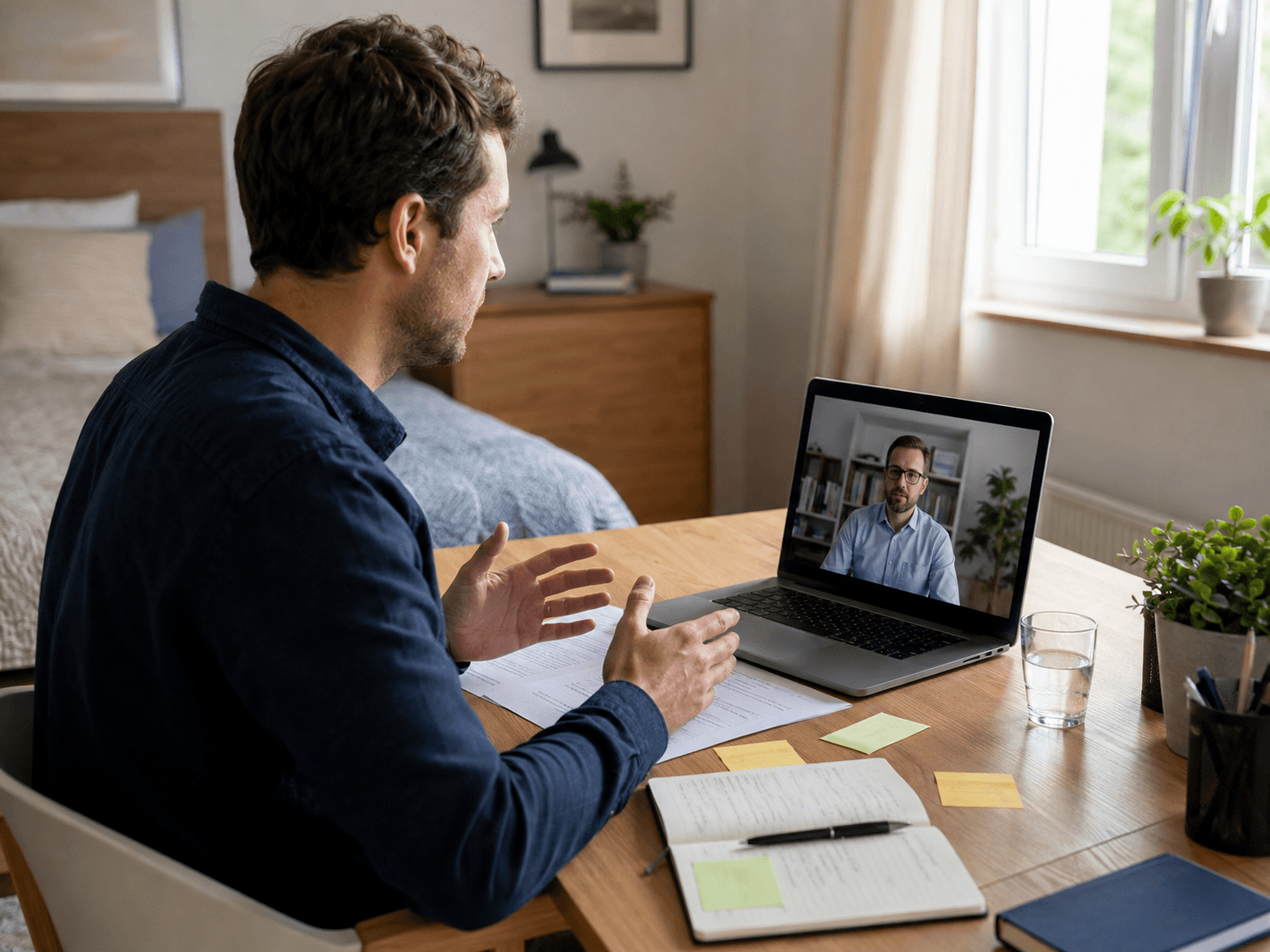Candidate taking part in a remote job interview from a prepared home office