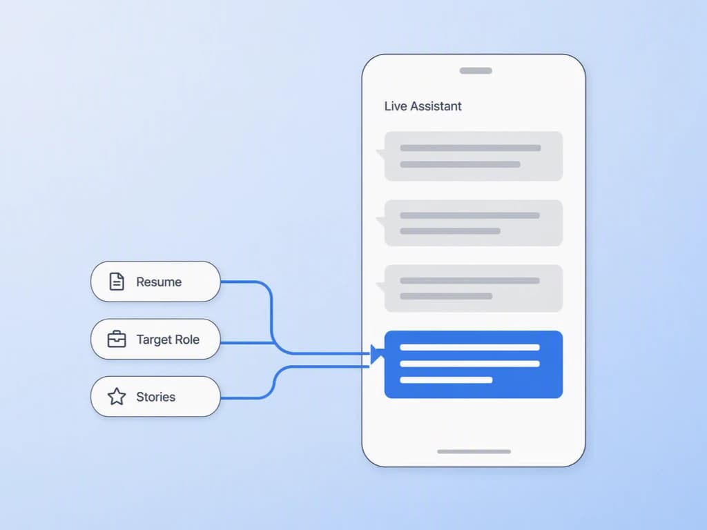 Saved context — resume, target role, and stories — feeding into a highlighted live suggested answer on a phone