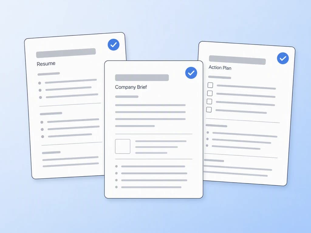 Three finished InterviewFox deliverables — a resume, a company brief, and a post-interview action plan — each marked ready