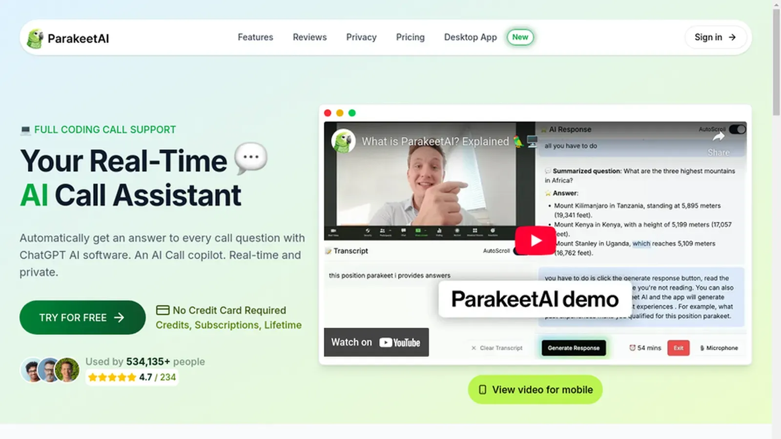 Parakeet AI homepage screenshot in 2026 review.