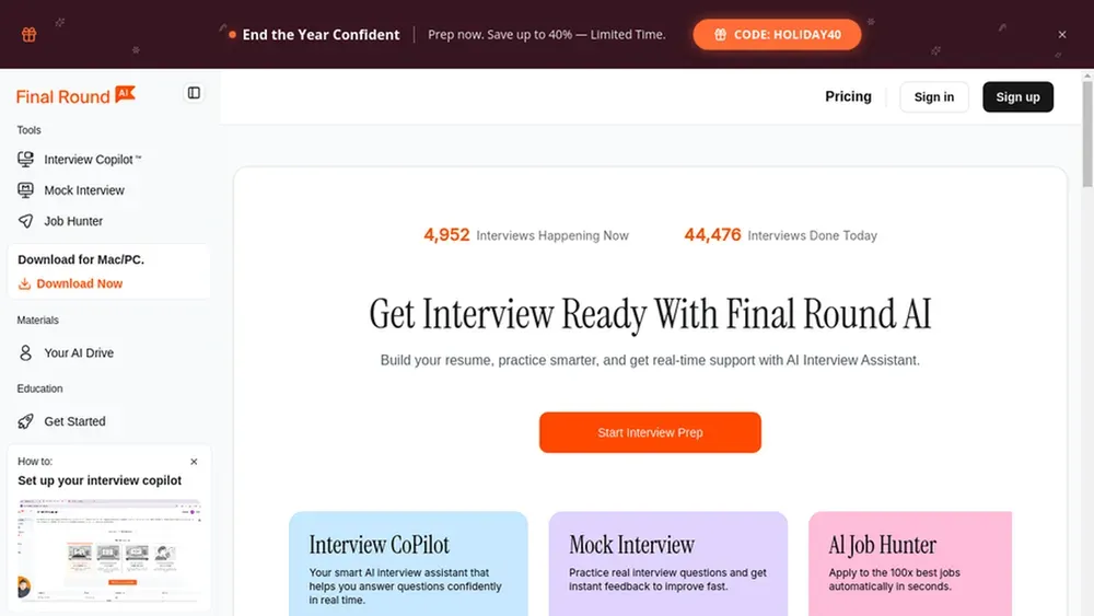 FinalRound AI homepage screenshot in 2026 review.