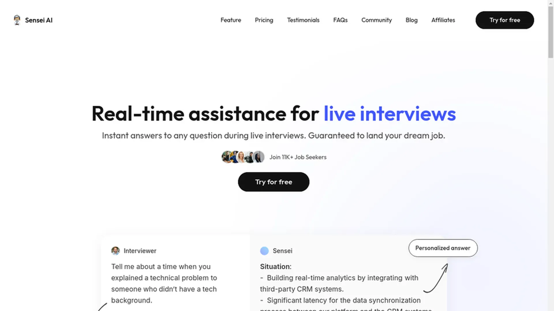 Sensei Copilot homepage screenshot in 2026 review.