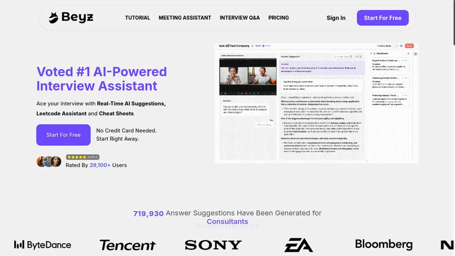 Beyz AI homepage screenshot in 2026 review.