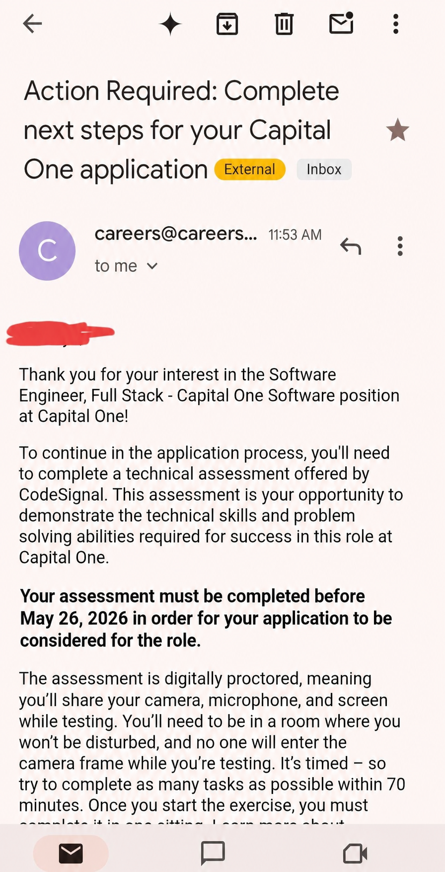 Capital One OA invitation email: "Action Required: Complete next steps for your Capital One application"