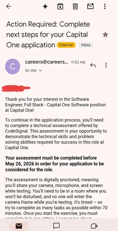 Capital One OA invitation email: "Action Required: Complete next steps for your Capital One application"