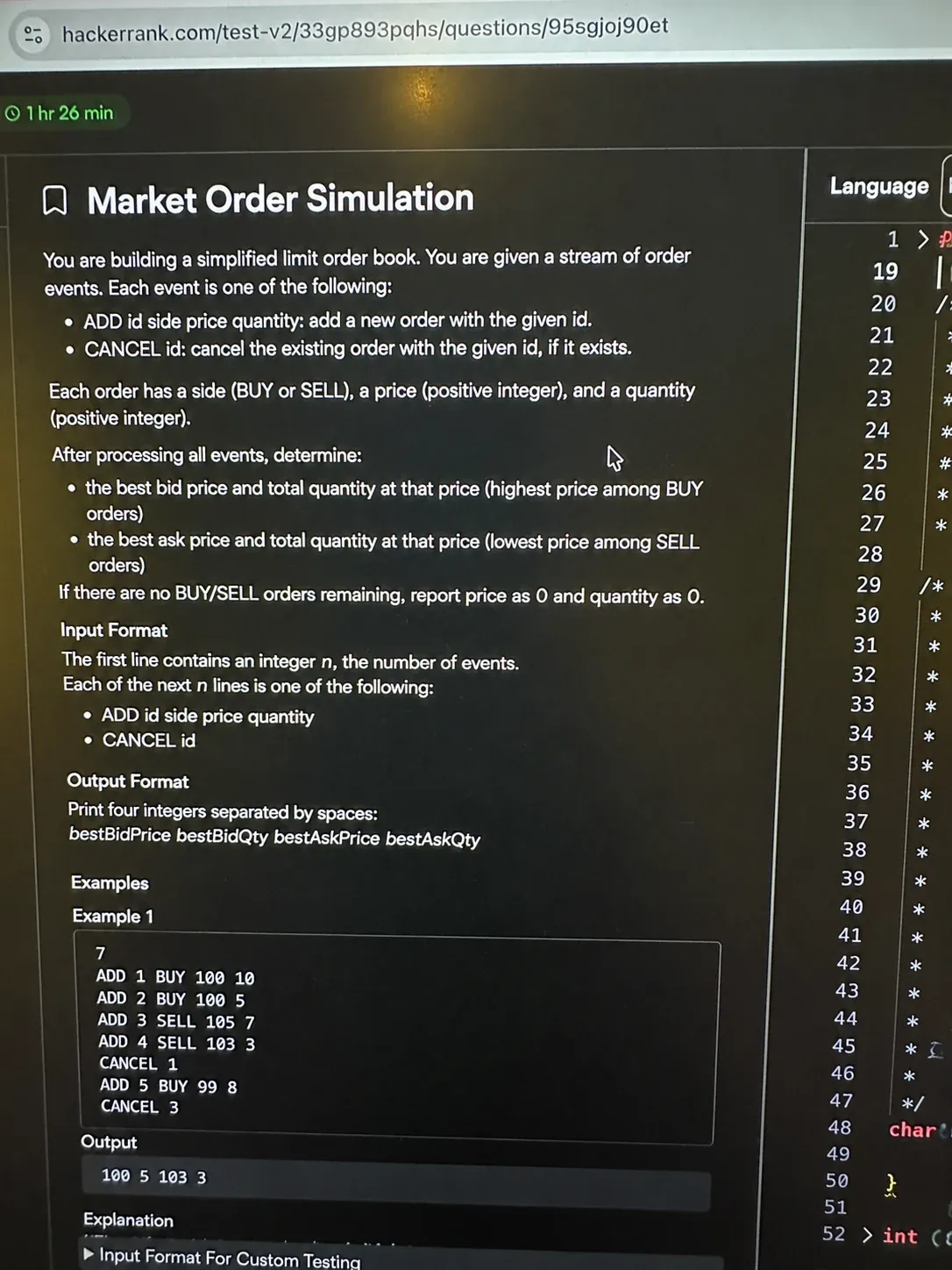 Akuna Capital HackerRank OA exam interface: Market Order Simulation problem statement and code editor