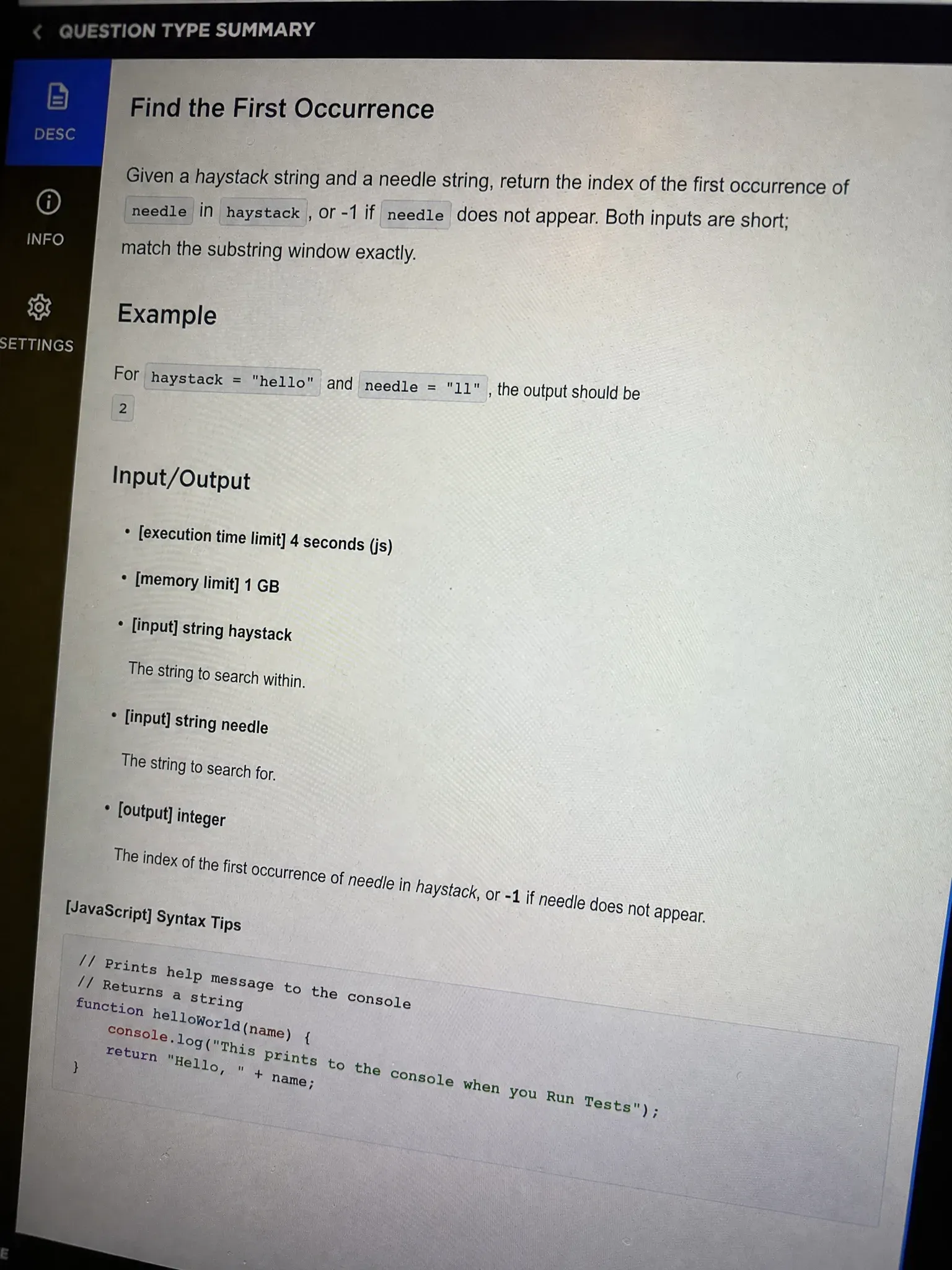 CodeSignal OA question 1, First Occurrence of a Substring