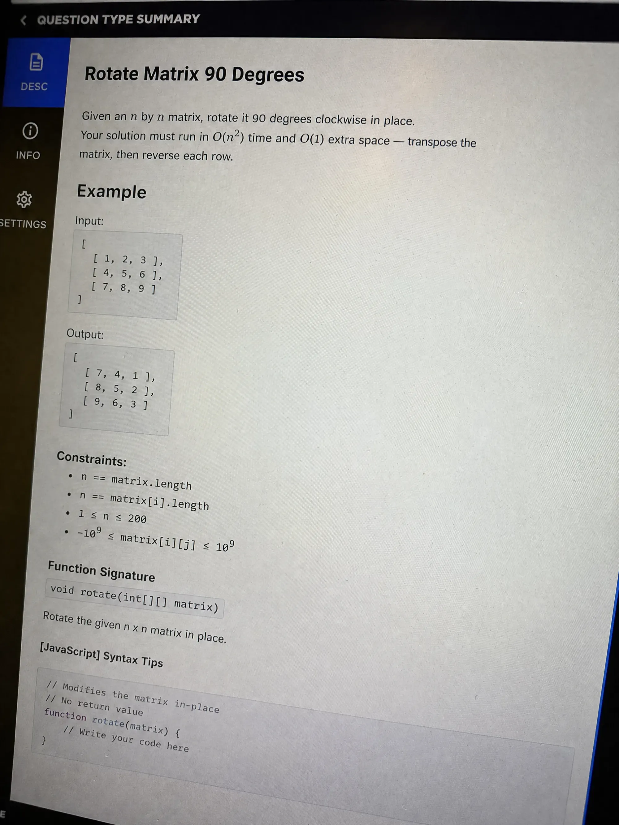 CodeSignal OA question 3, Rotate a Matrix 90 Degrees