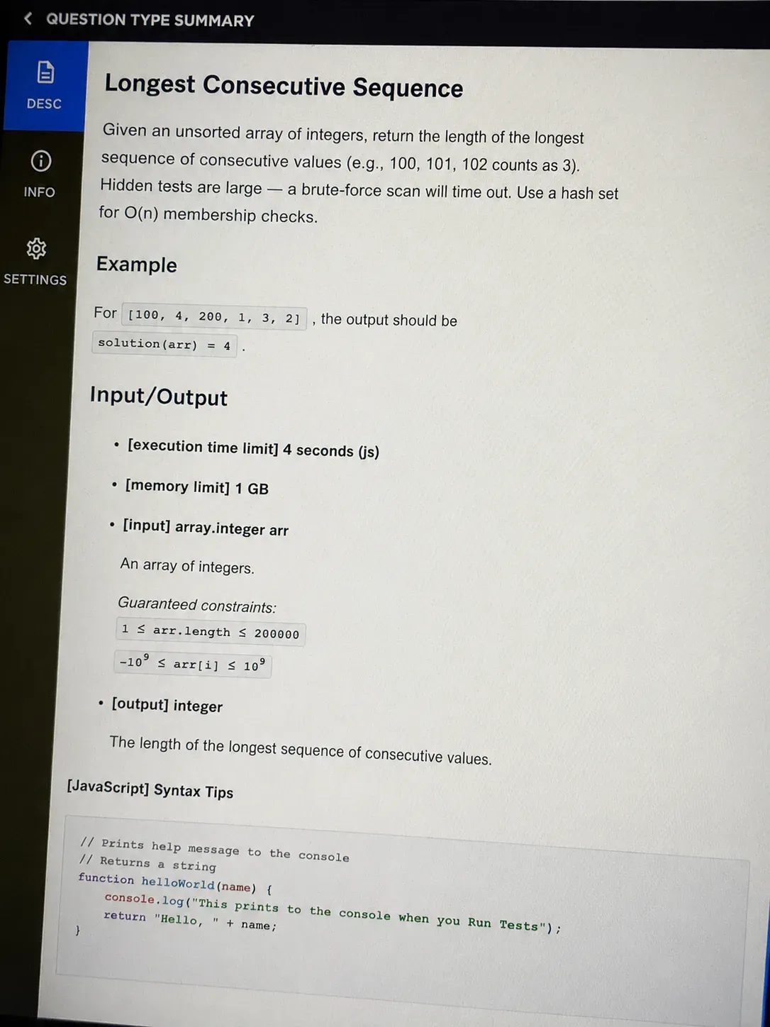 CodeSignal OA question 4, Longest Consecutive Sequence