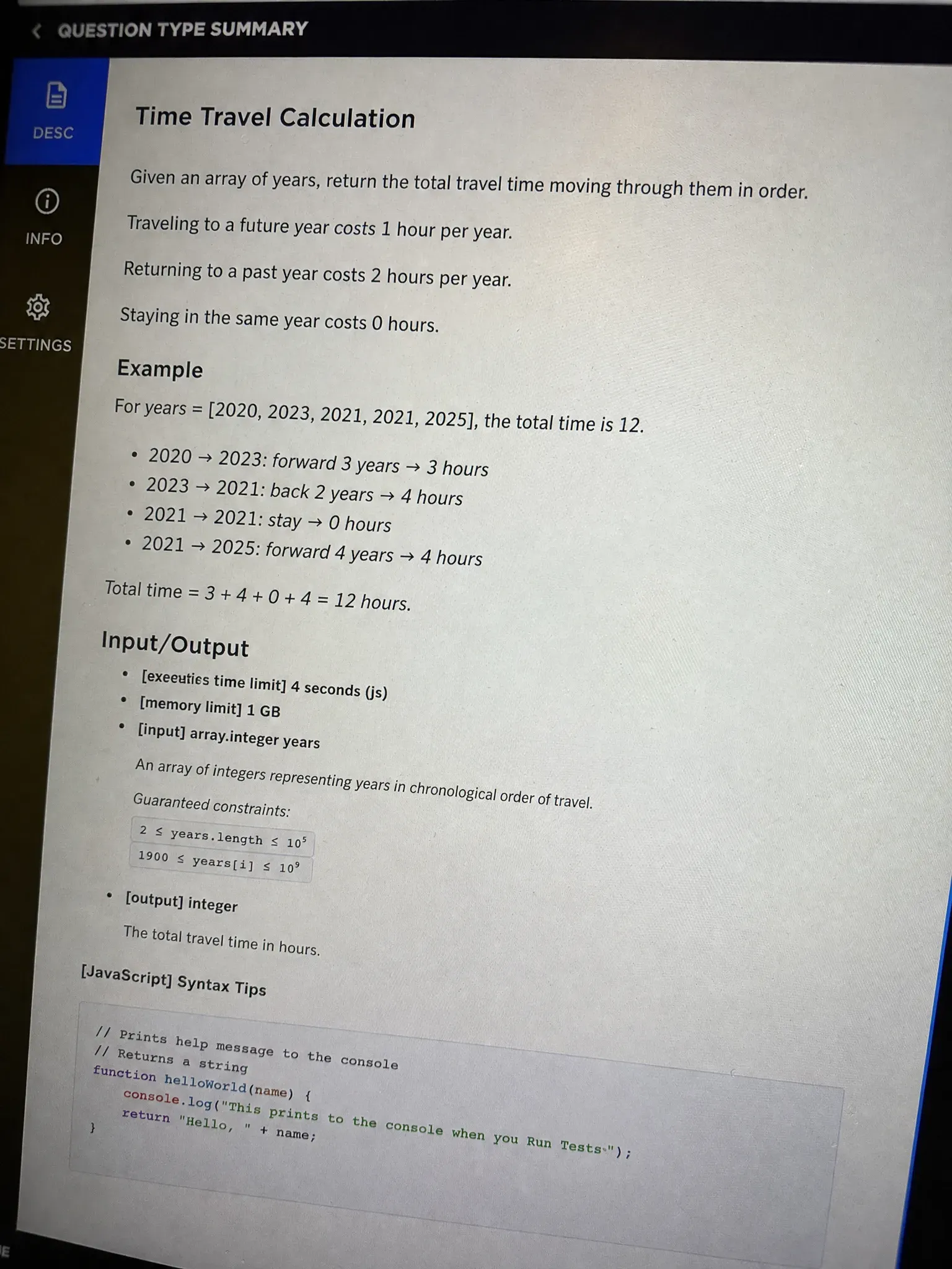 CodeSignal OA question 2 — Time Travel Calculation