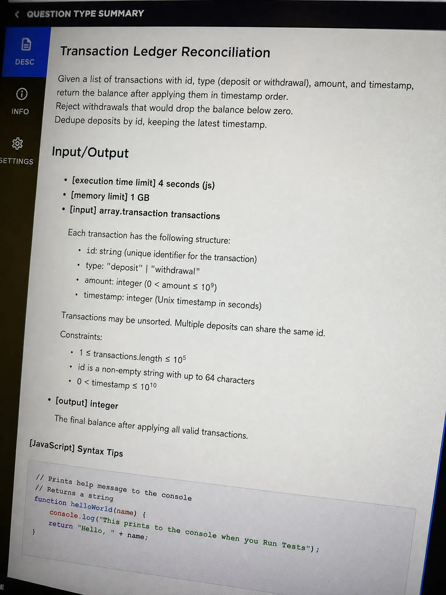 CodeSignal OA question 3 — Transaction Ledger Reconciliation