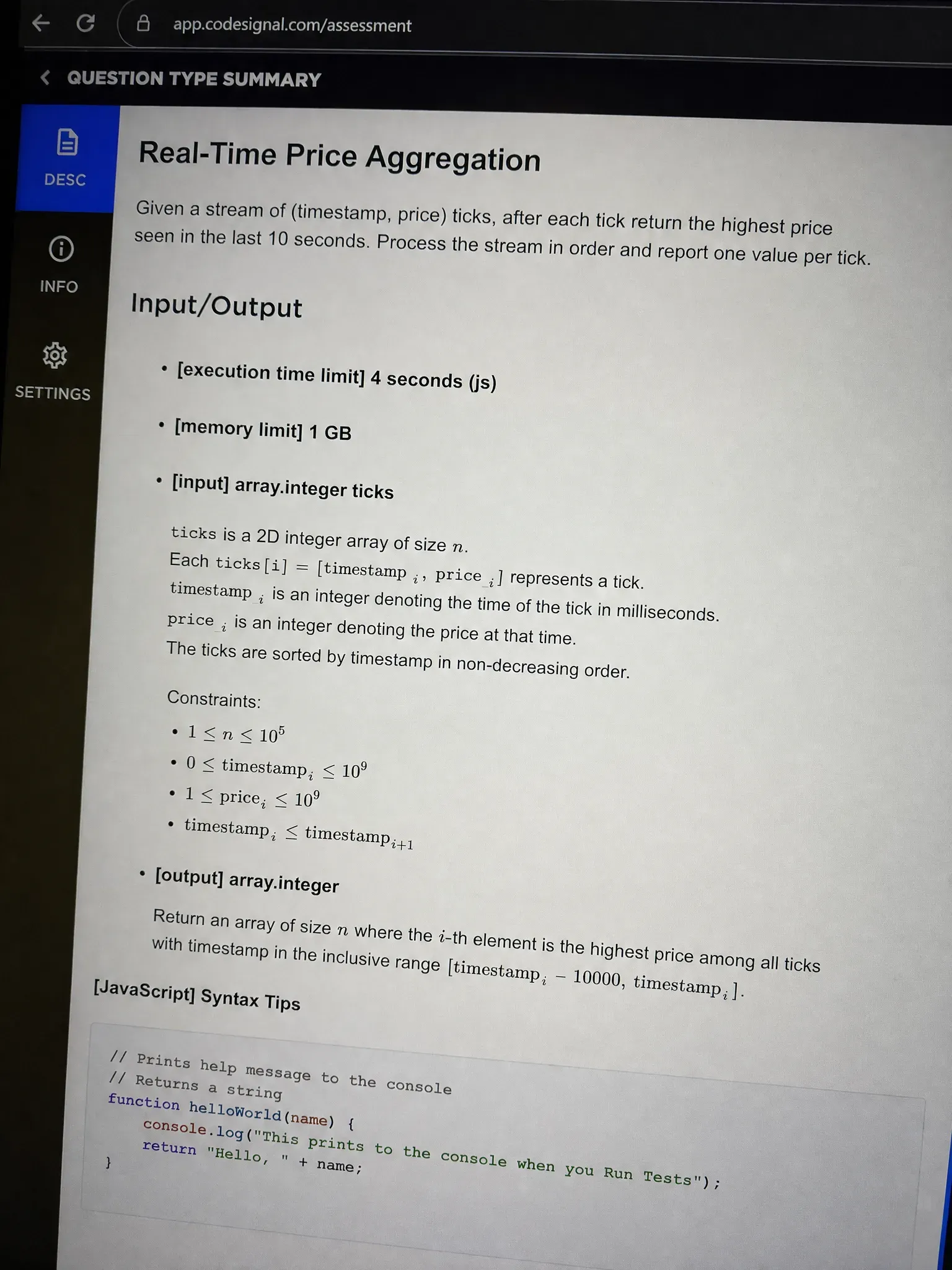 CodeSignal OA question 4 — Real-Time Price Aggregation