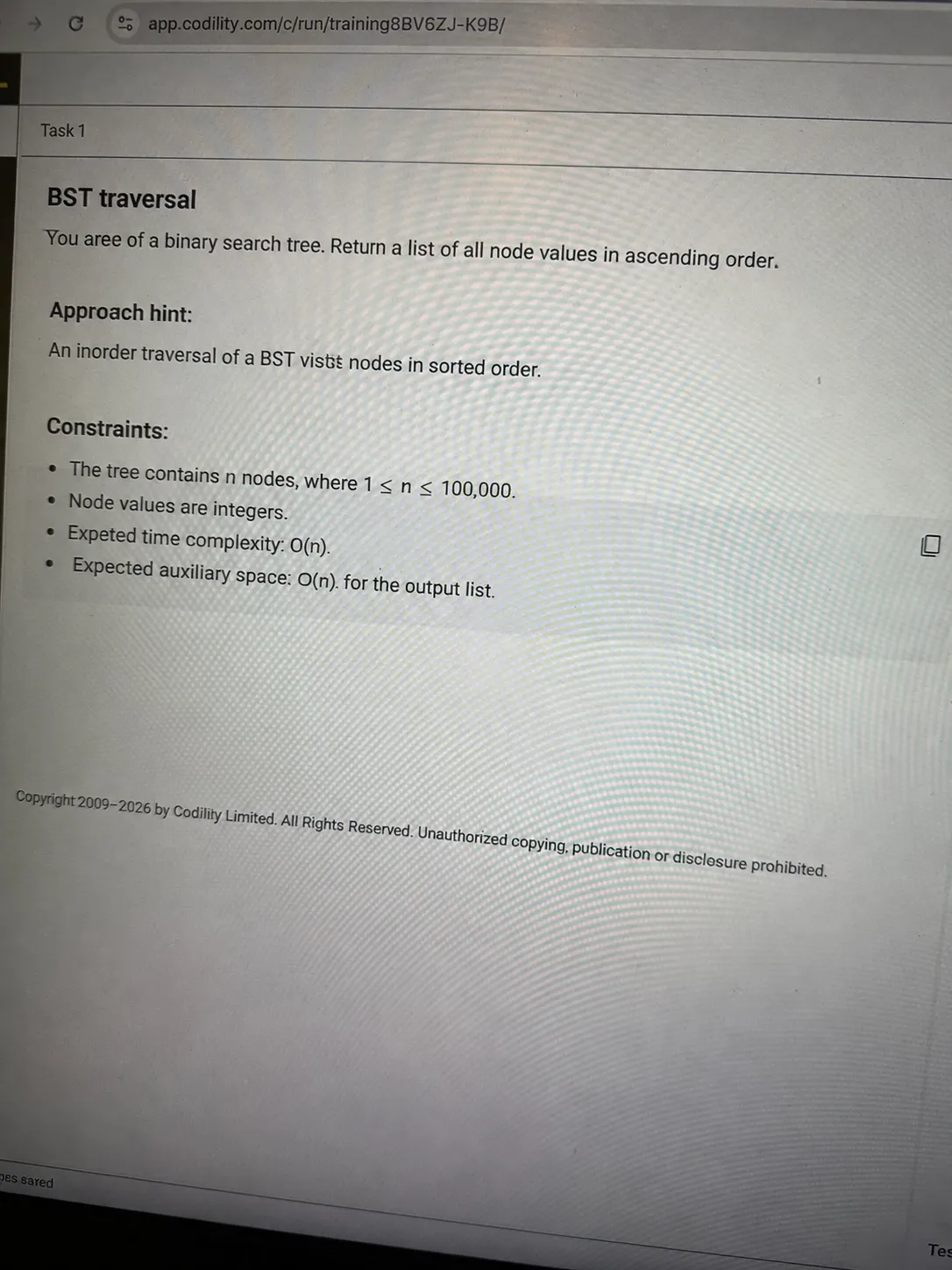 BST traversal problem as shown in the DRW Codility OA