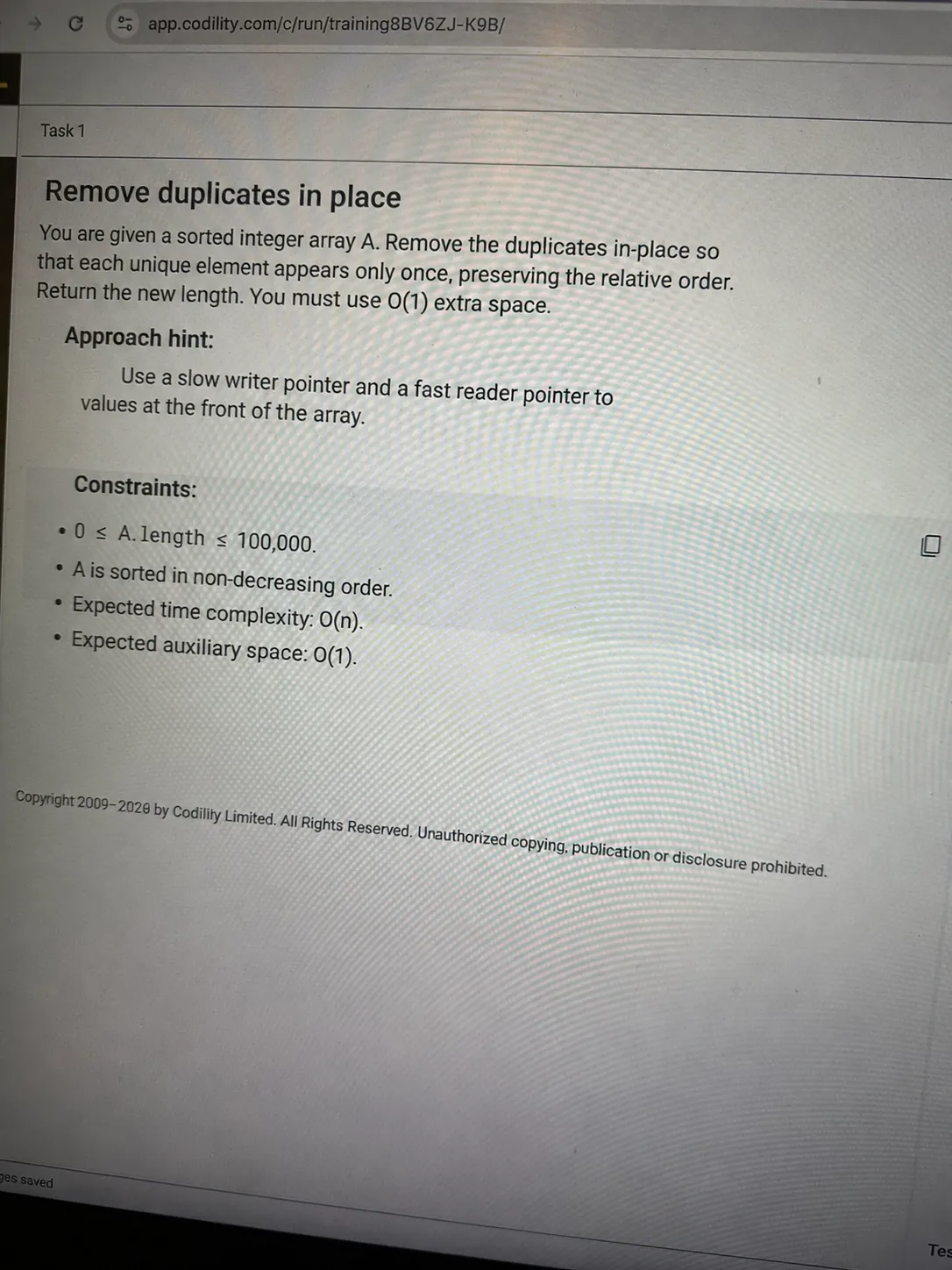Remove duplicates problem as shown in the DRW Codility OA