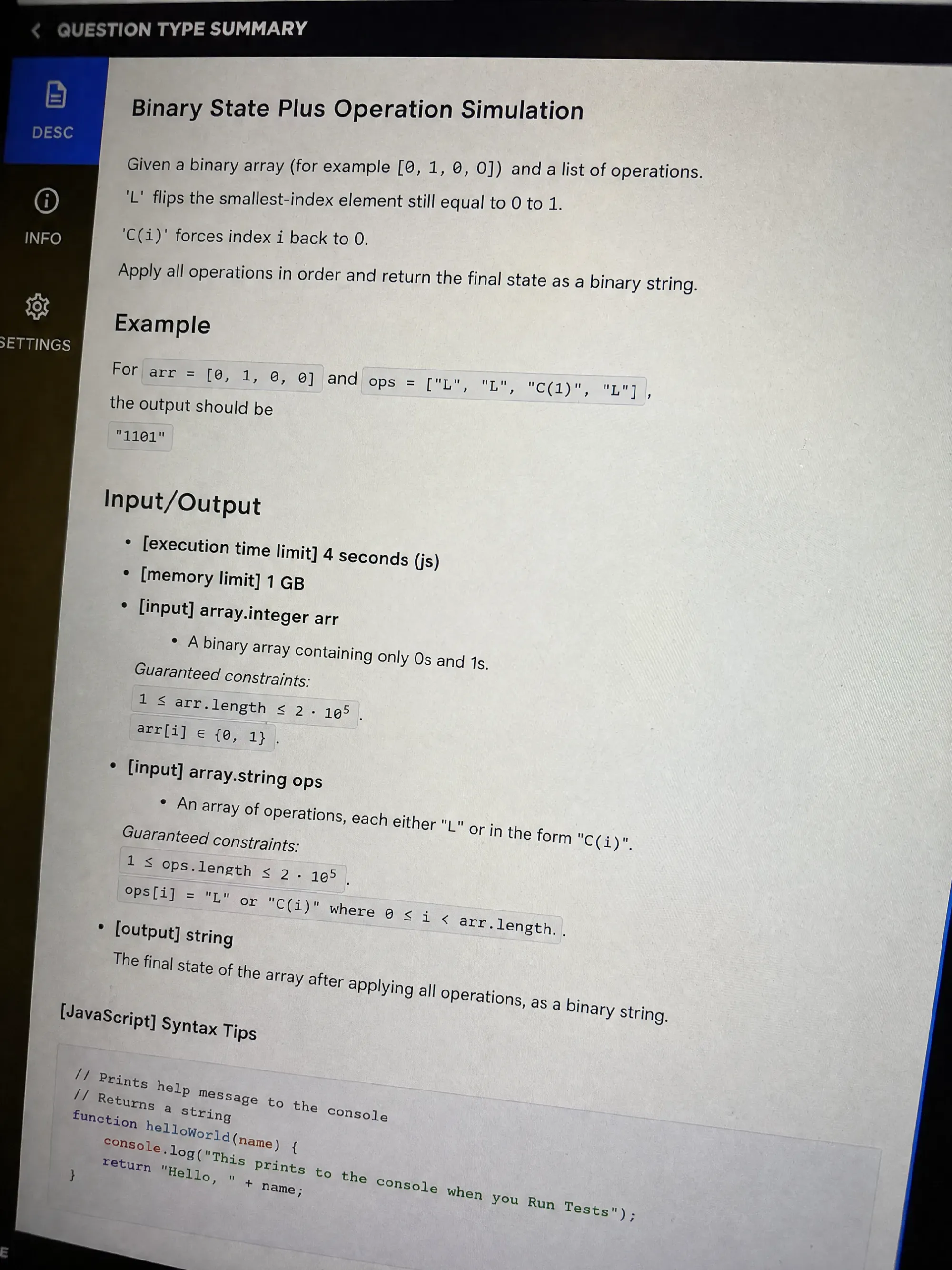 CodeSignal OA question 3: Binary State Plus Operation Simulation