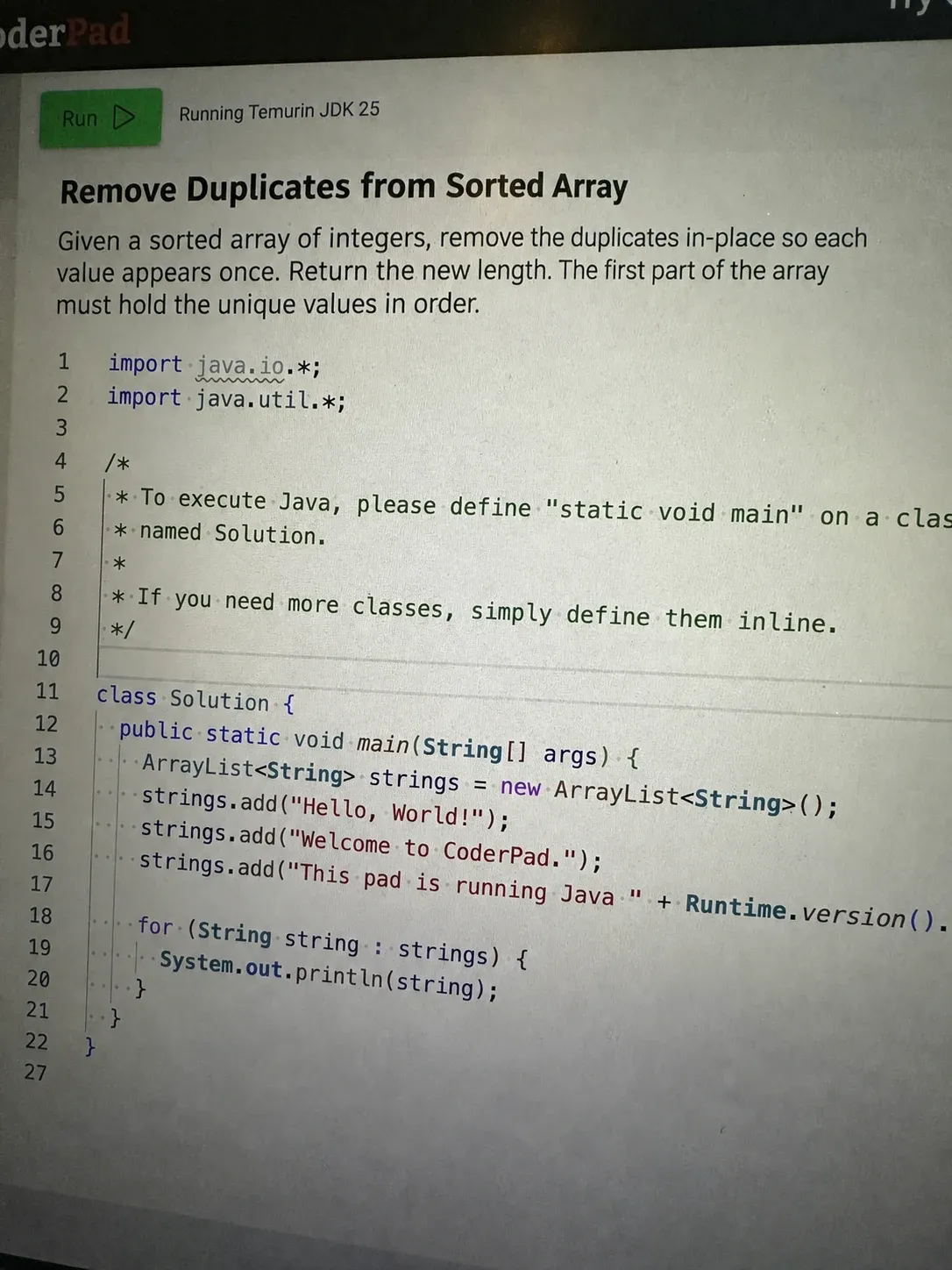 CoderPad screenshot: Remove Duplicates from Sorted Array question during the Goldman Sachs live coding round