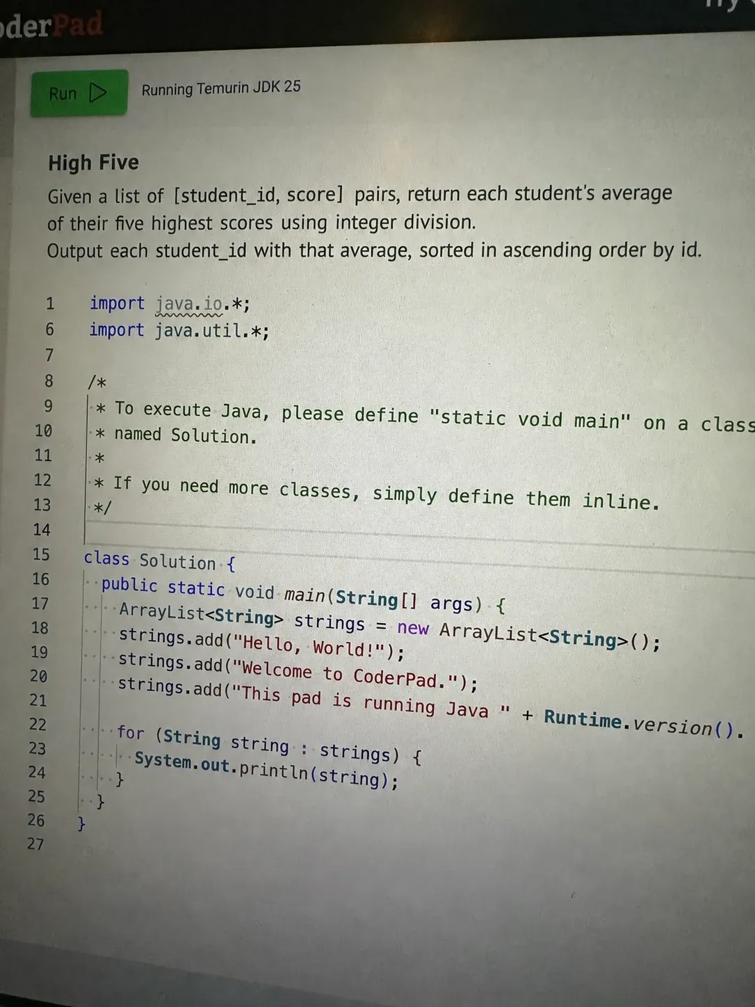 CoderPad screenshot: High Five question during the Goldman Sachs live coding round