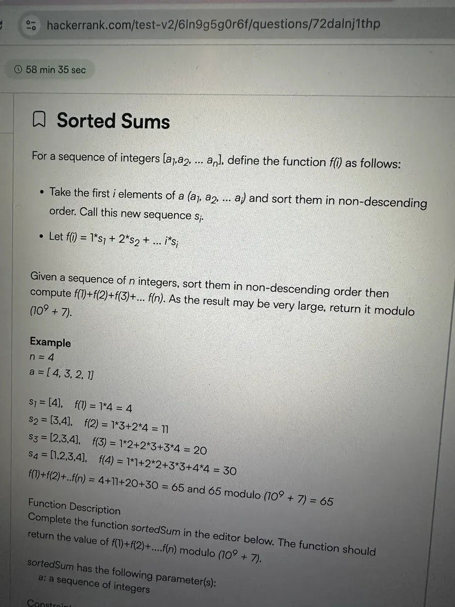 HackerRank OA exam interface — Question 2 at 58 minutes remaining, showing the same split-panel layout candidates see during IBM's online assessment.