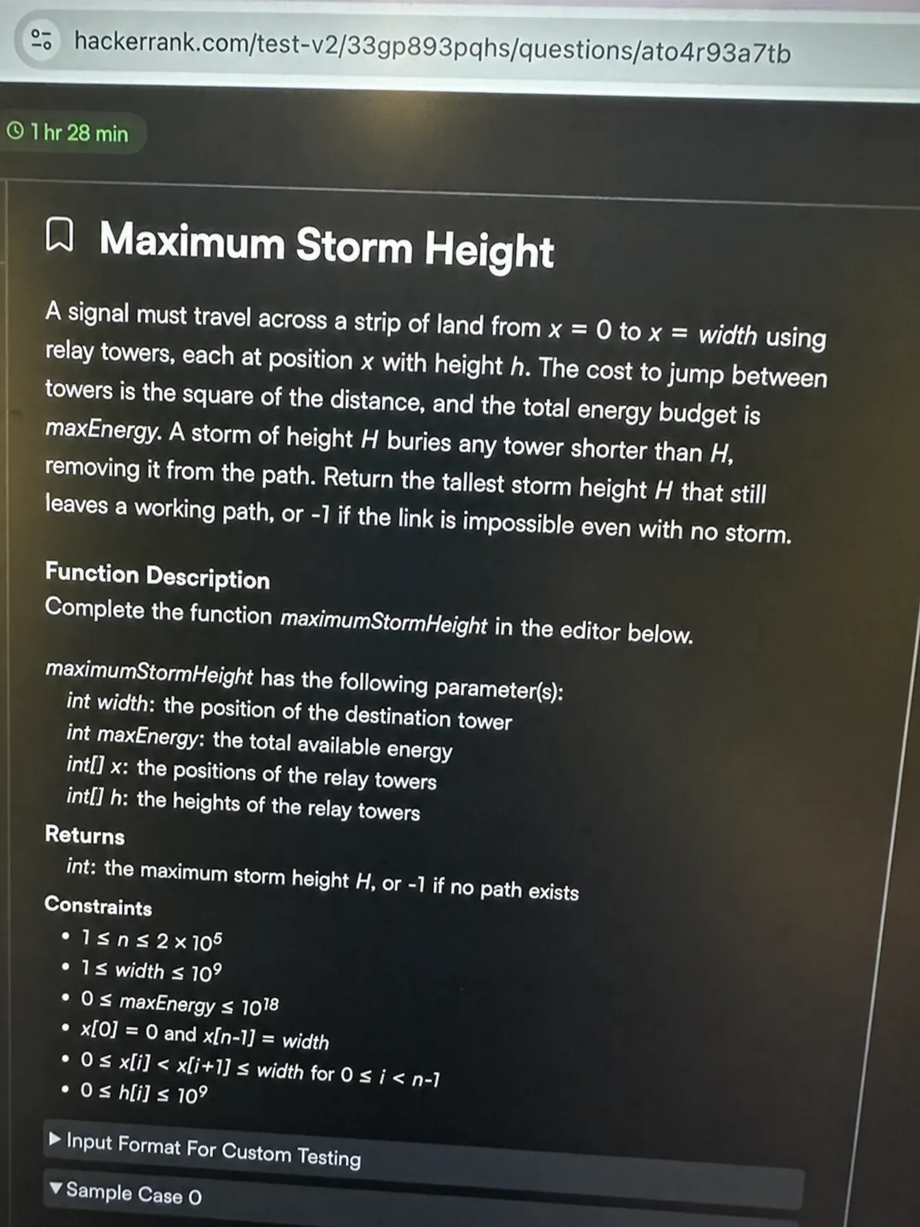 HackerRank OA interface showing the Maximum Storm Height problem statement