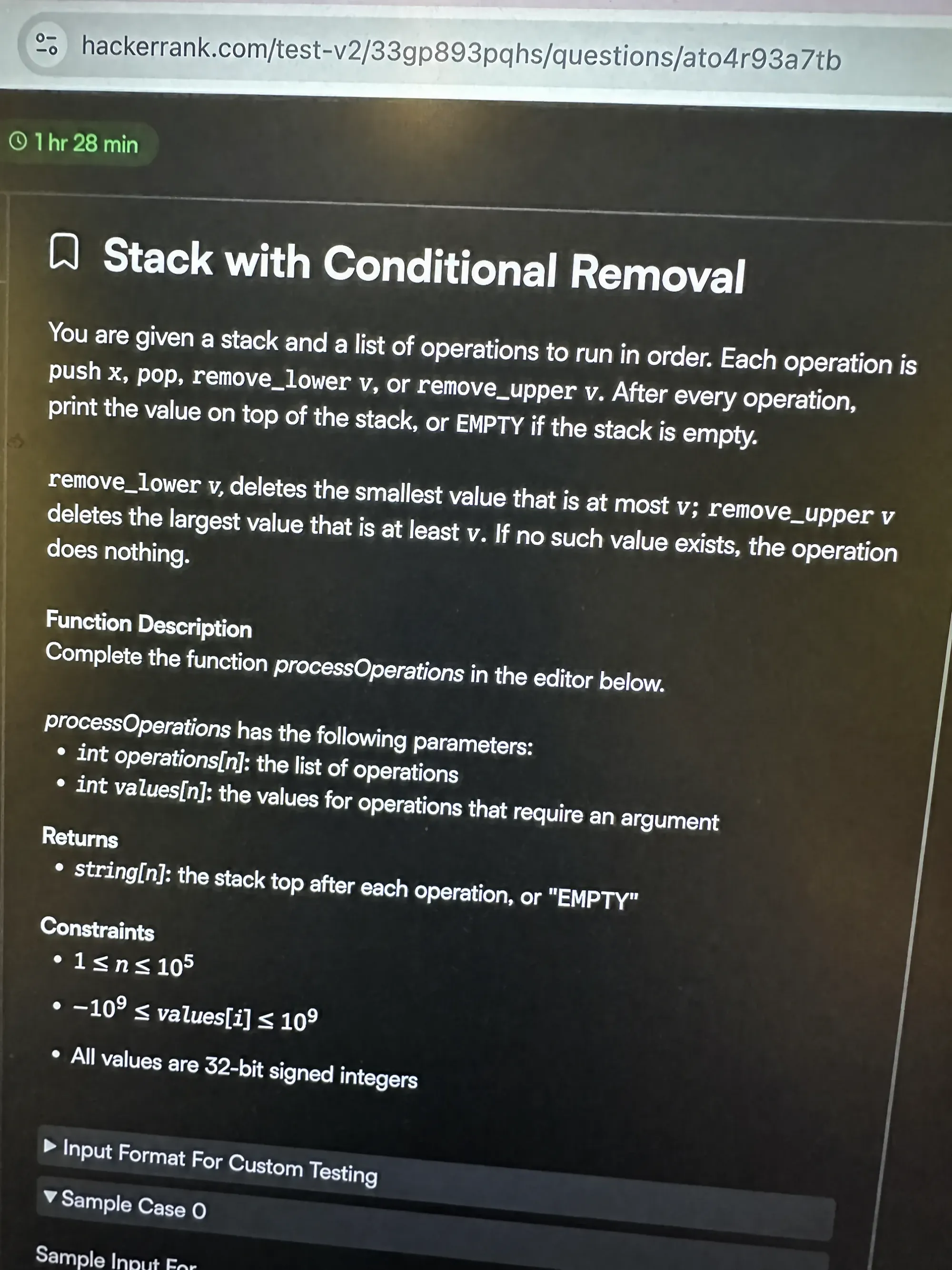 HackerRank OA interface showing the Stack with Conditional Removal problem statement
