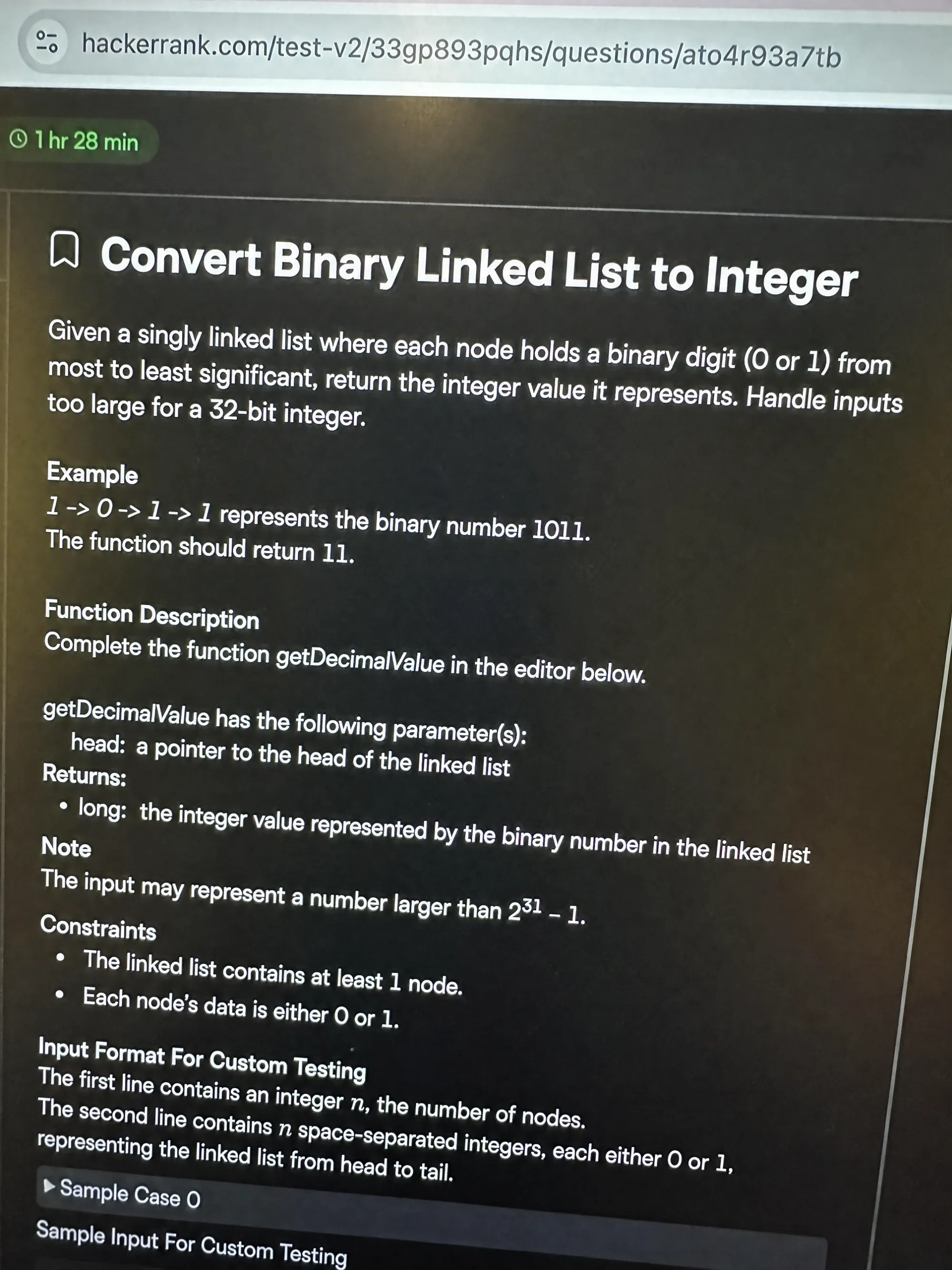 HackerRank OA question 1: Convert Binary Linked List to Integer
