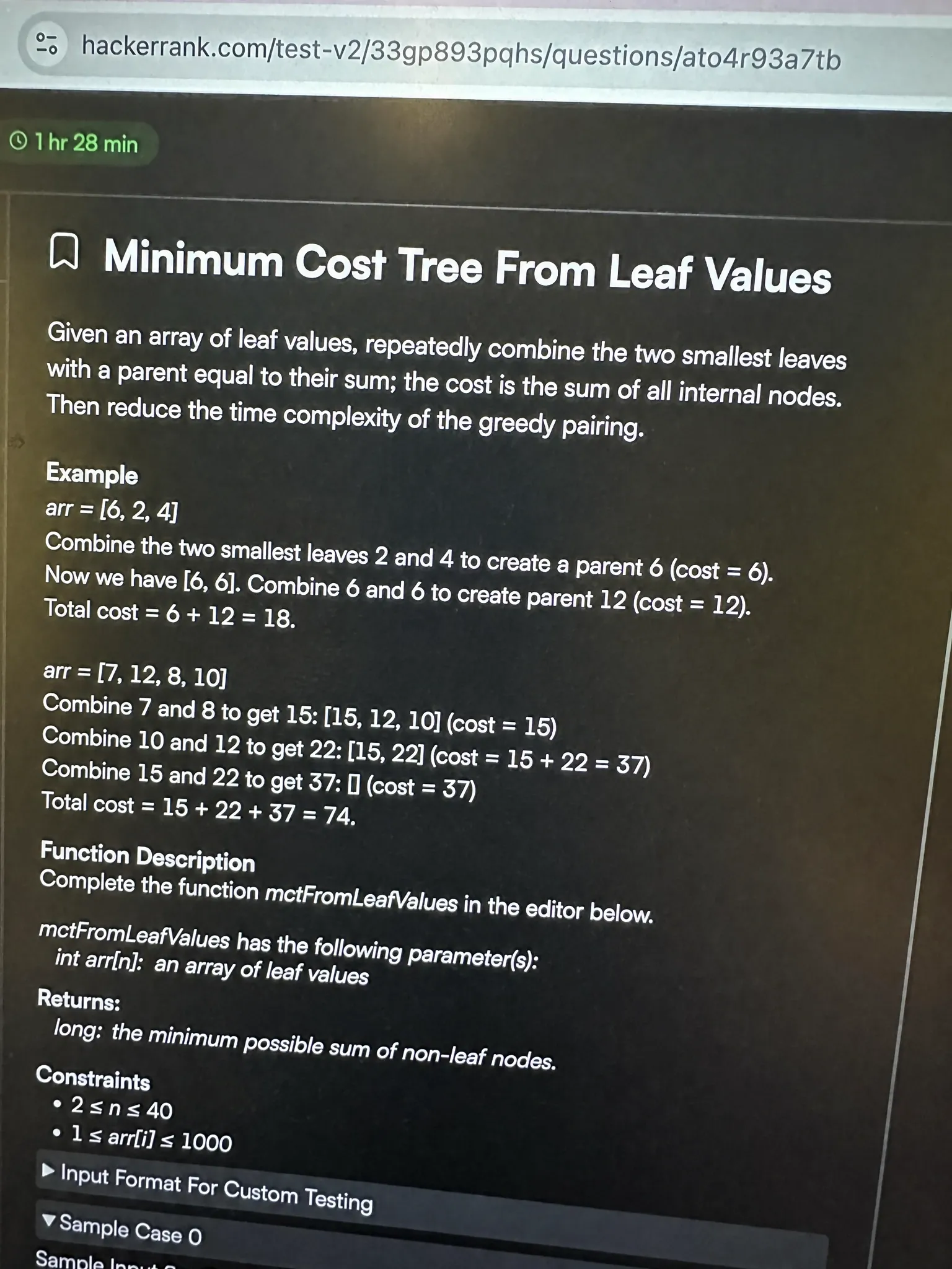 HackerRank OA question 2: Minimum Cost Tree From Leaf Values
