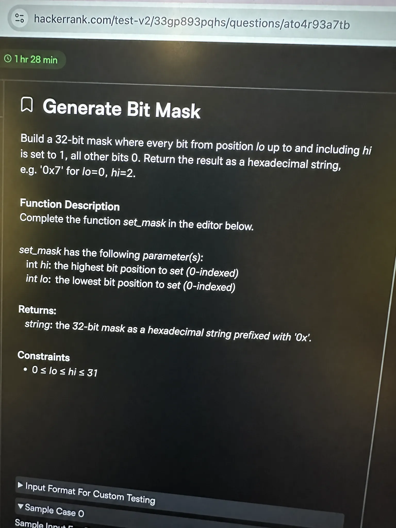 HackerRank OA question 2 : Generate Bit Mask