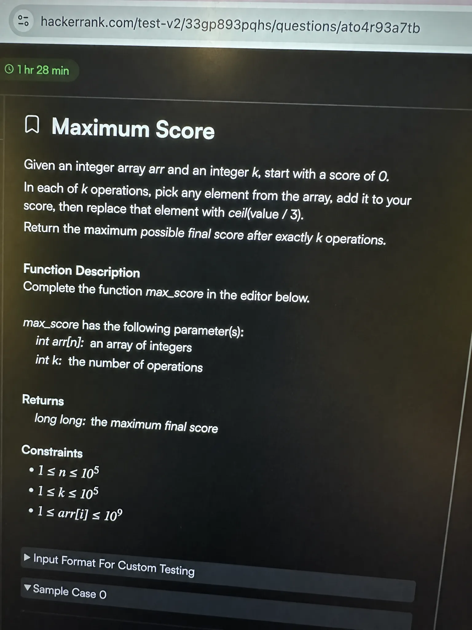 HackerRank OA question 3 : Maximum Score
