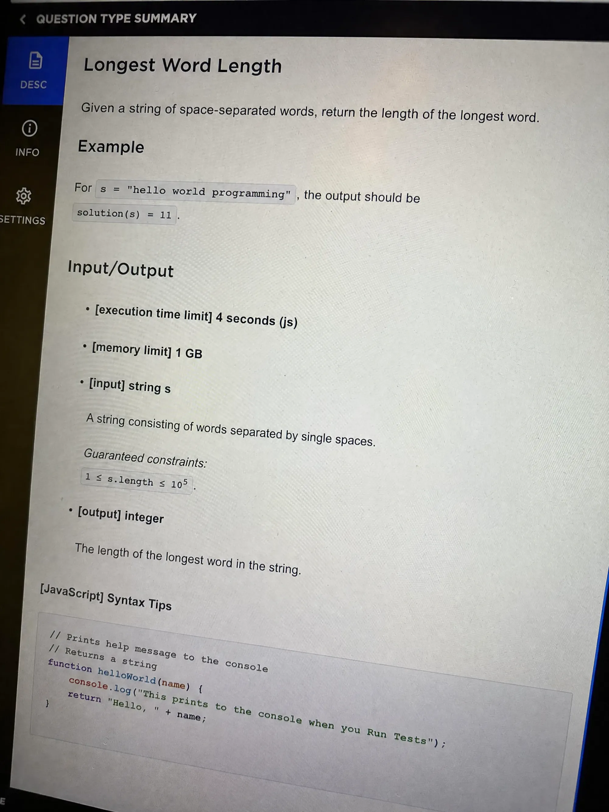 CodeSignal OA question 2 — Longest Word Length