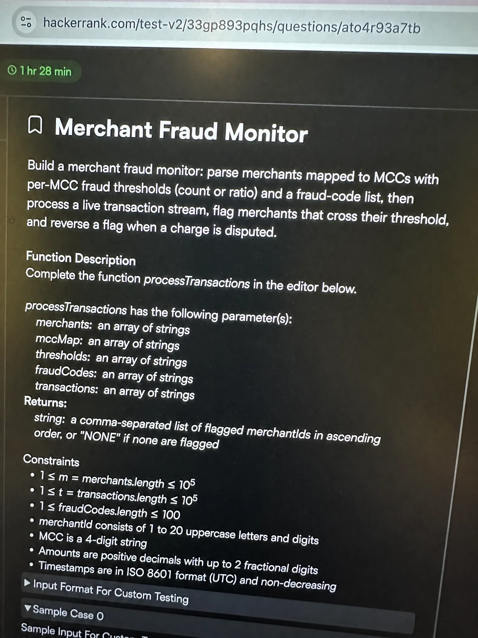 HackerRank OA problem: Merchant Fraud Monitor