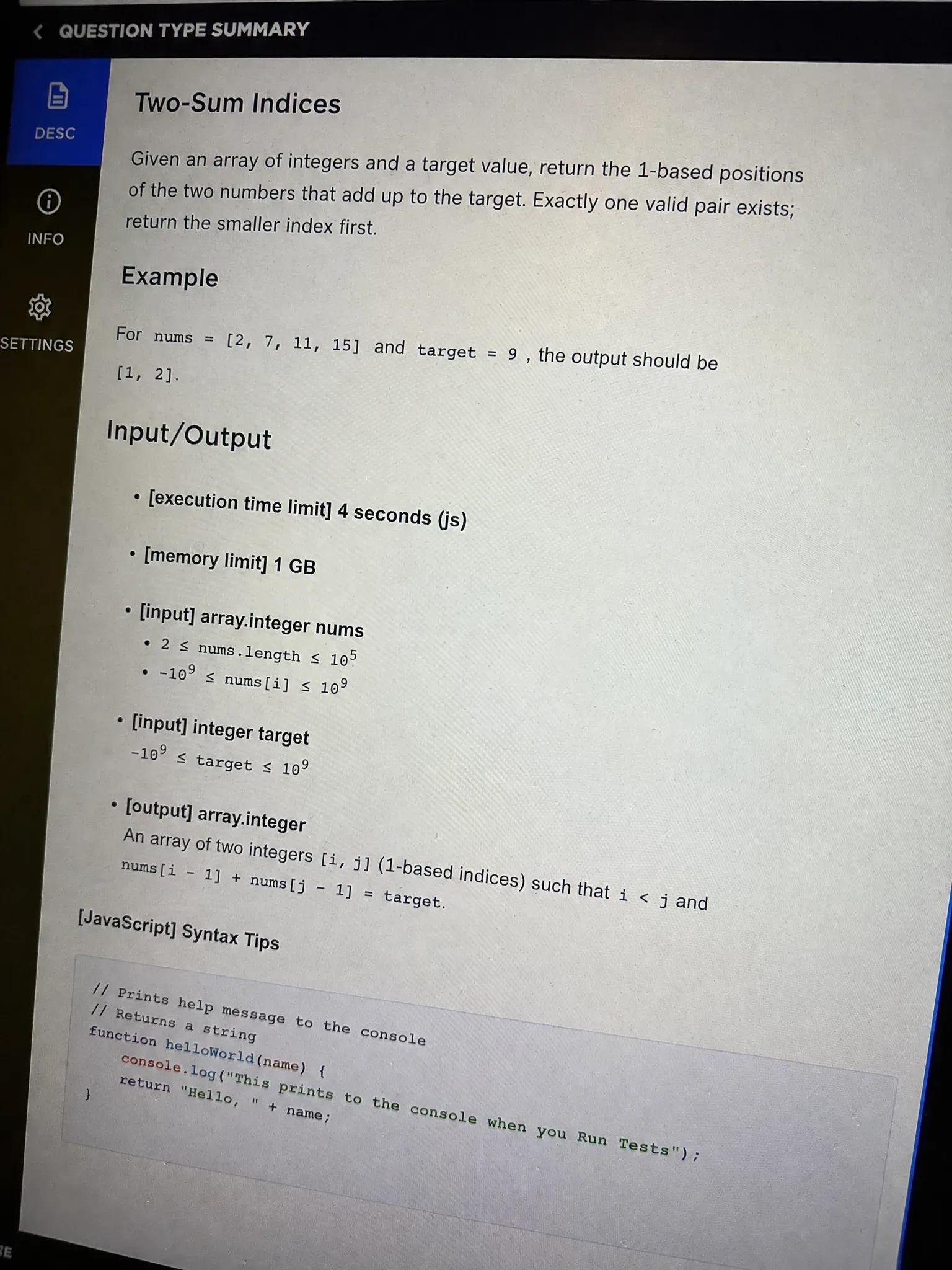 Uber CodeSignal question 1, Two-Sum Indices