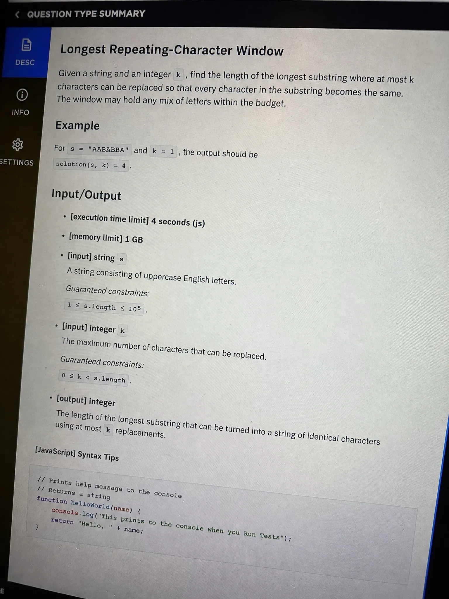 Uber CodeSignal question 4, Longest Repeating-Character Window