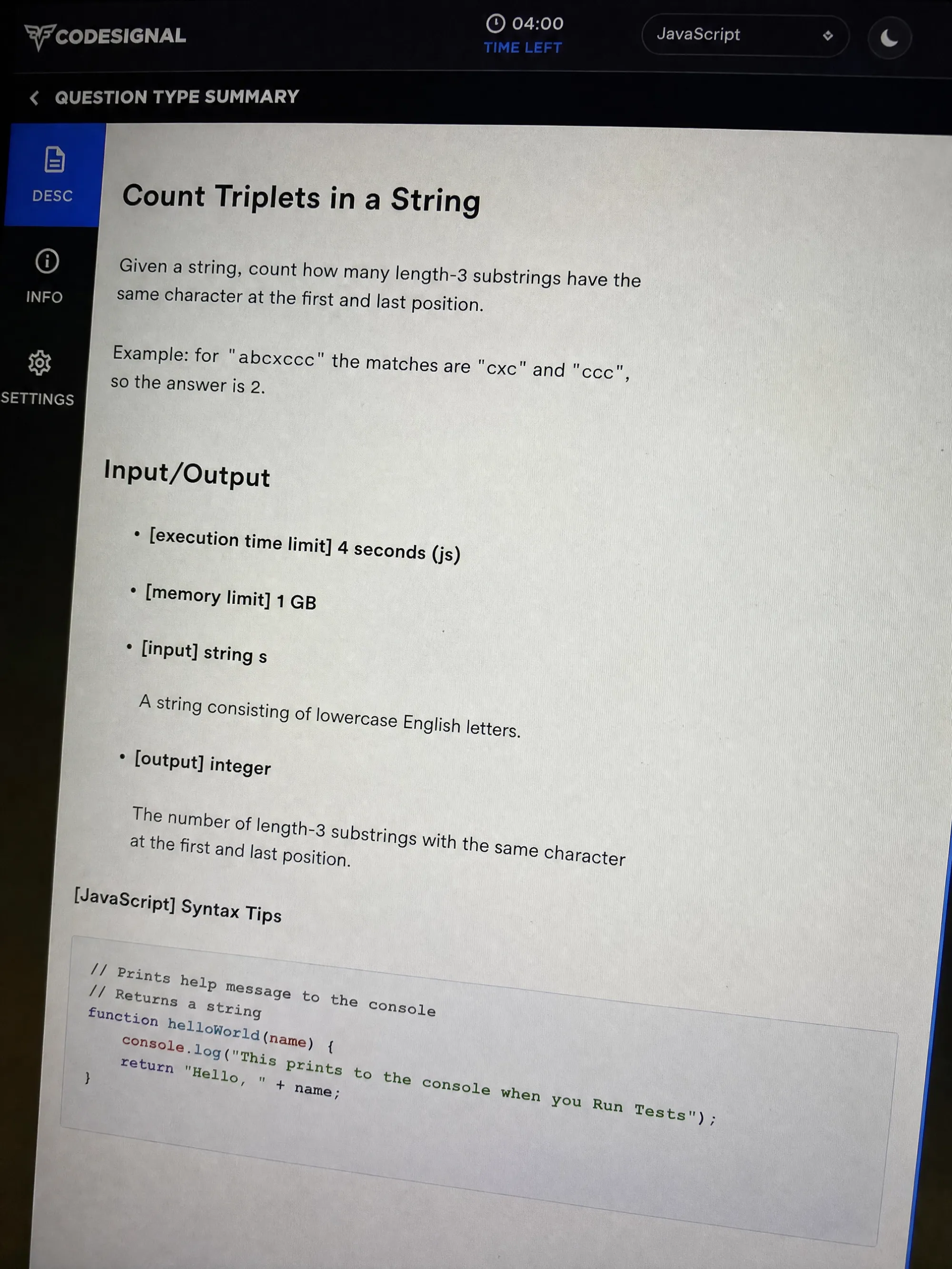 Visa CodeSignal Question 1 — Triplet-Substring Count