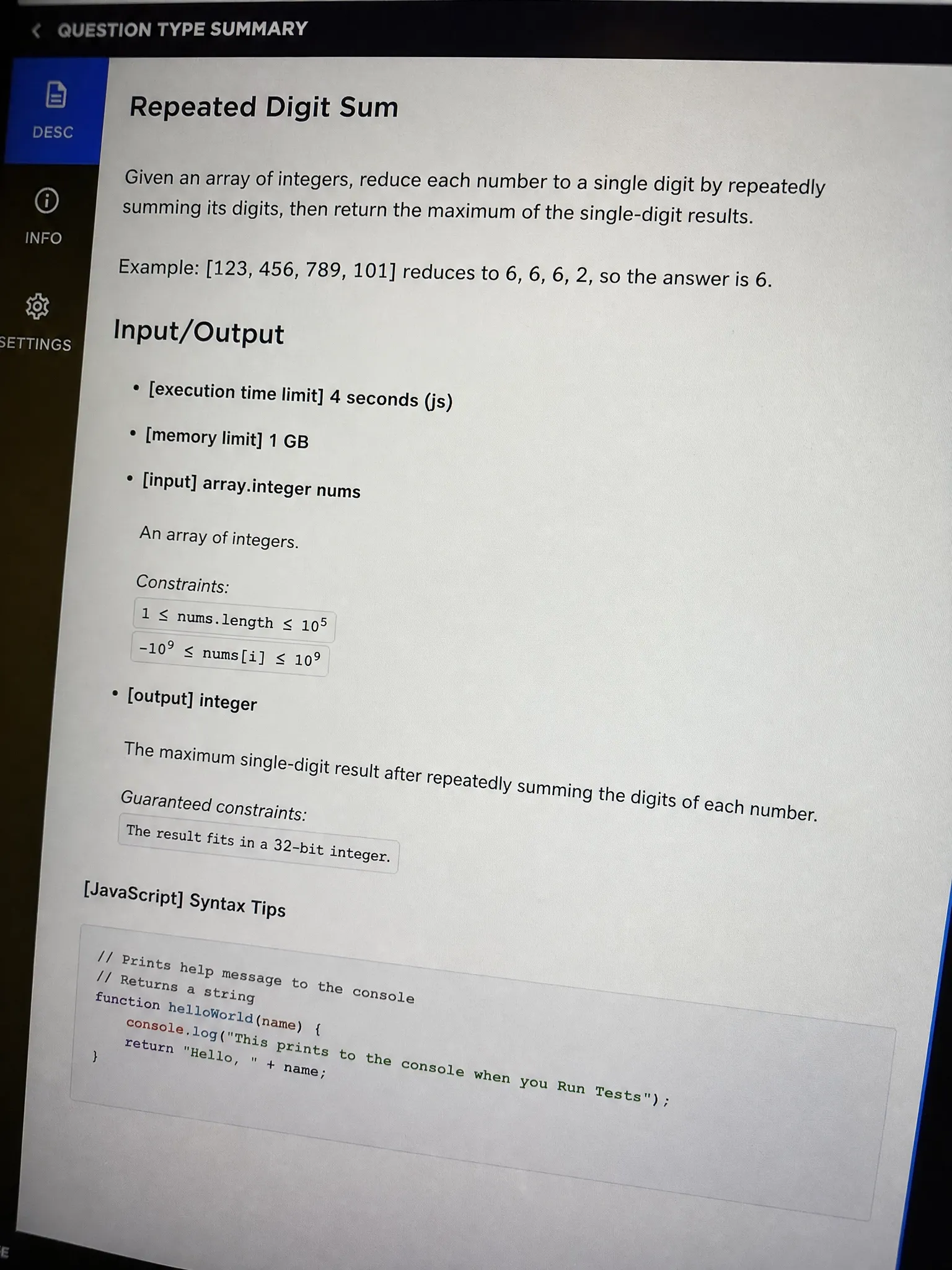 Visa CodeSignal Question 2 — Array Digit-Sum Reduction