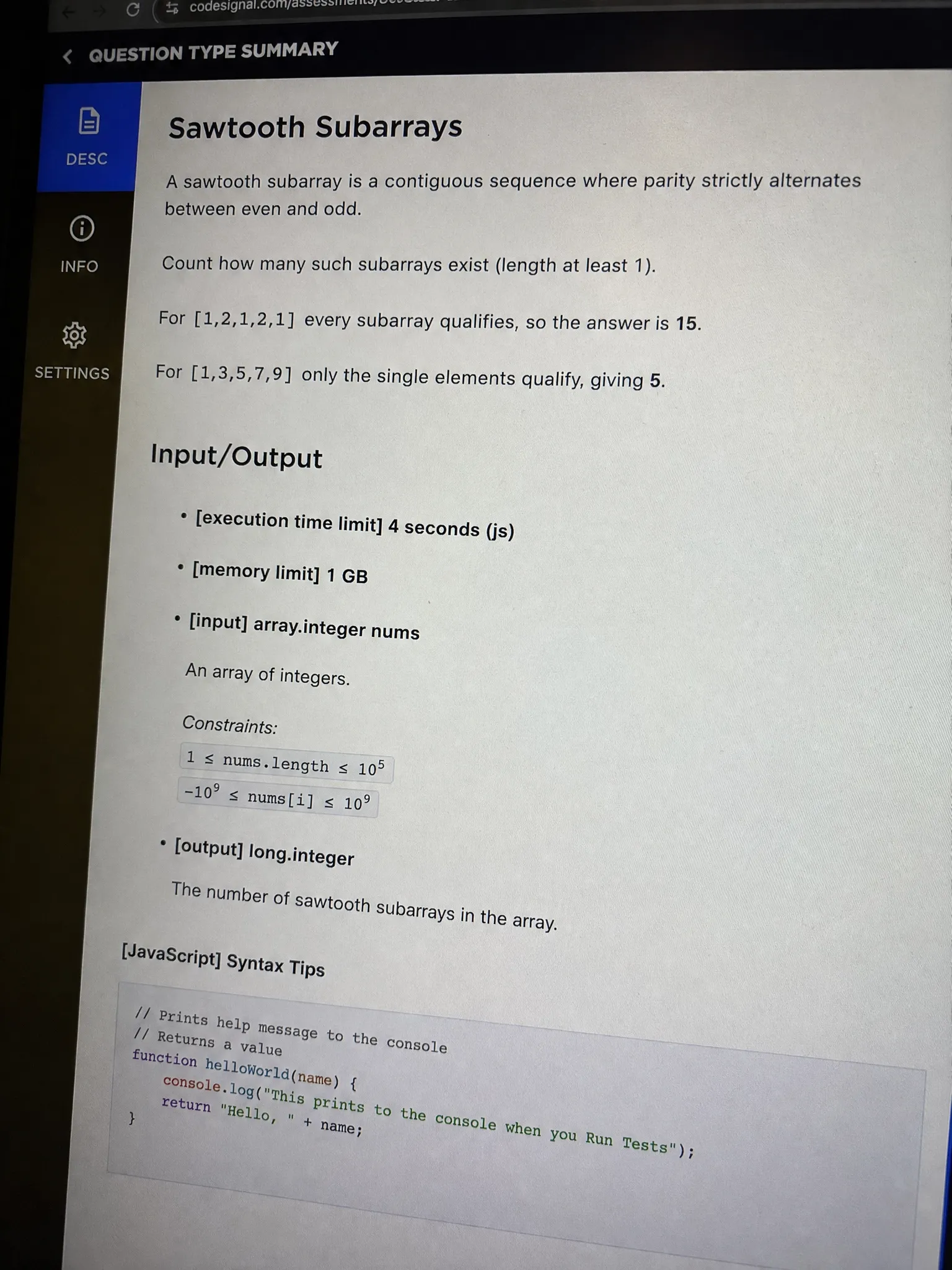 Visa CodeSignal Question 4 — Parity-Alternating Subarray Count