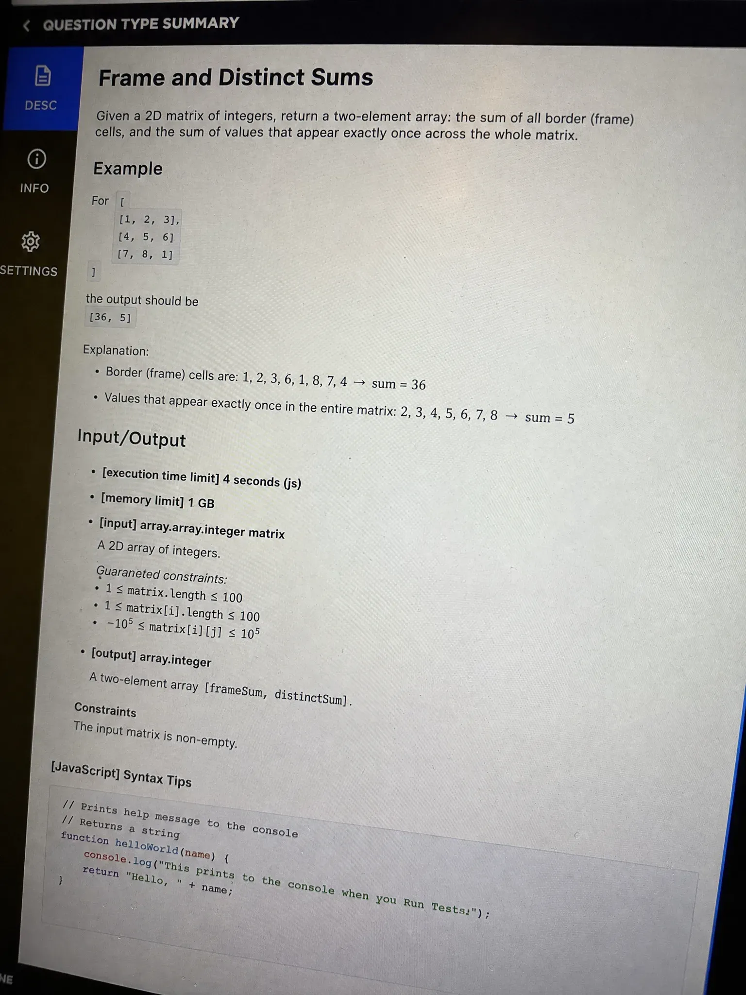 CodeSignal OA question 1: Frame Sum and Distinct Sum in a Matrix