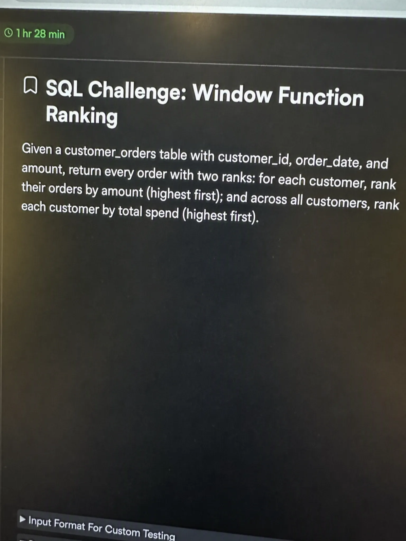 HackerRank OA question 1: SQL Challenge, Window Function Ranking