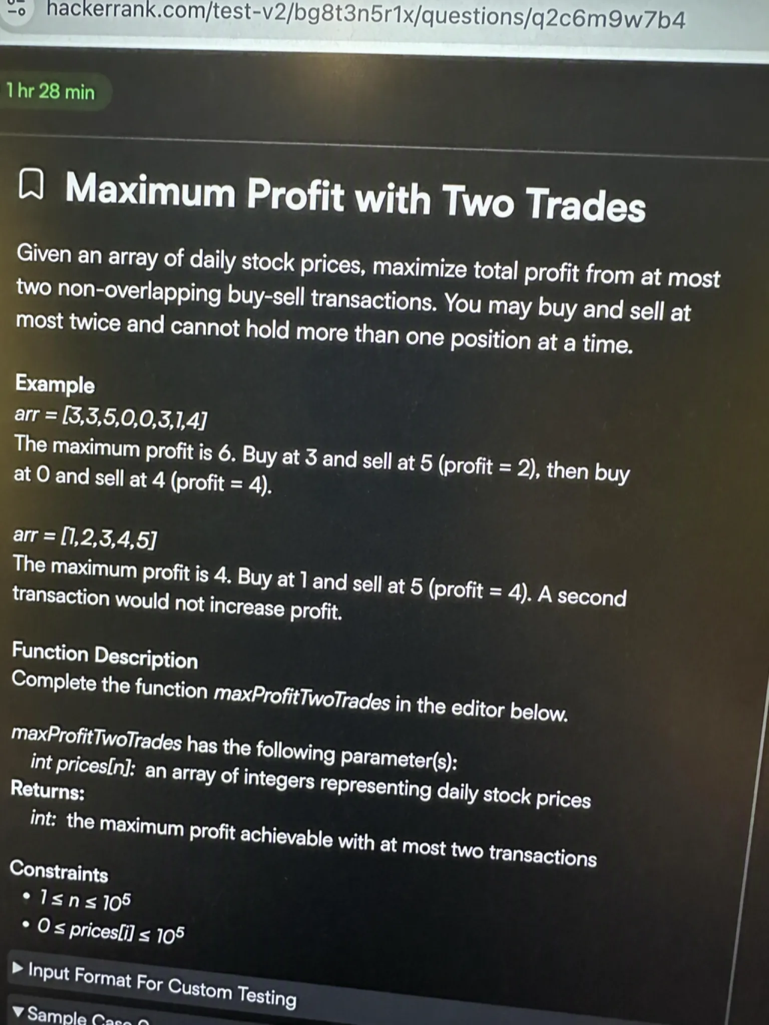 HackerRank OA question 2 — Maximum Profit with Two Trades