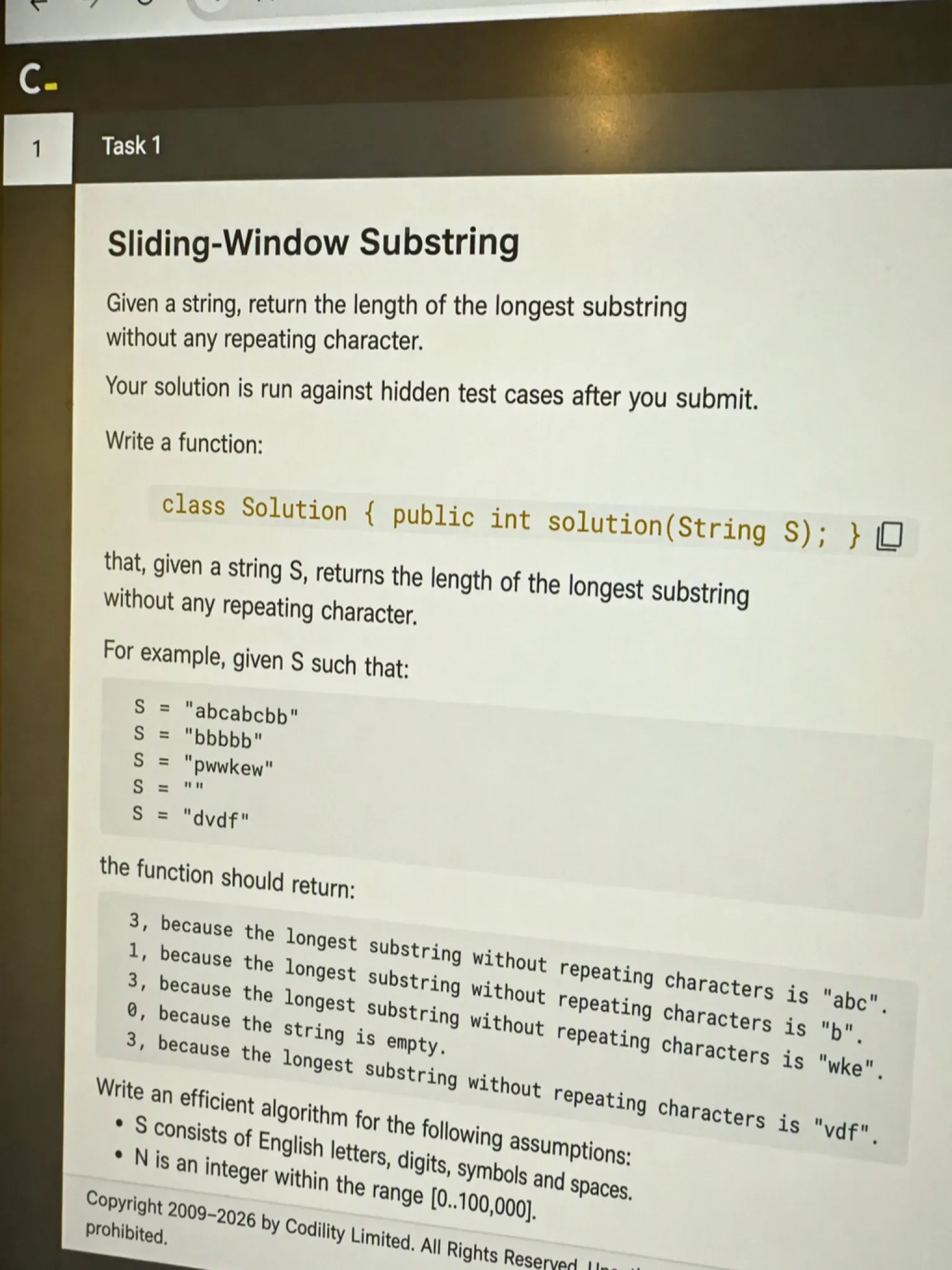 Codility OA question 2: Sliding-Window Substring