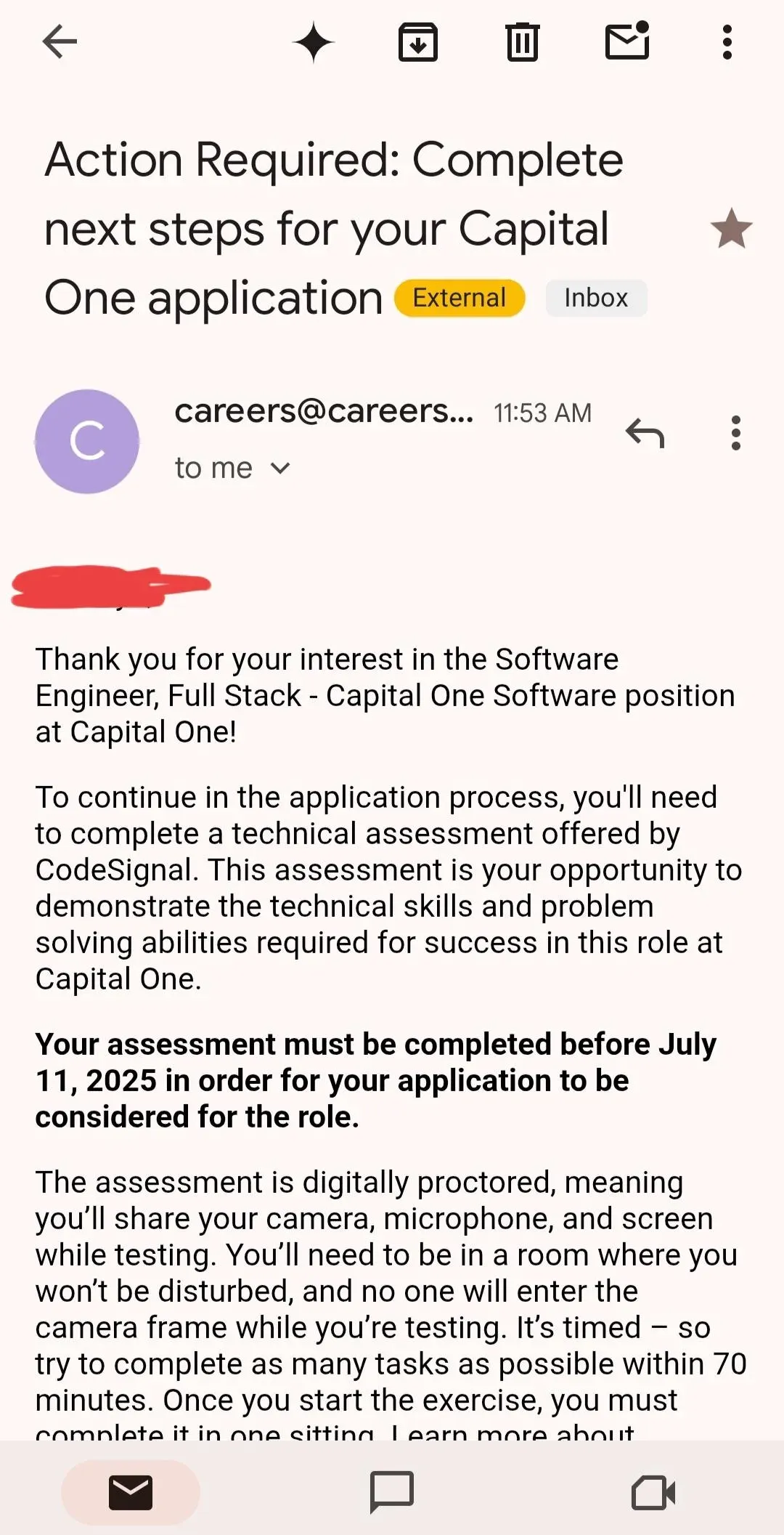 Capital One OA invitation email — "Action Required: Complete next steps for your Capital One application"