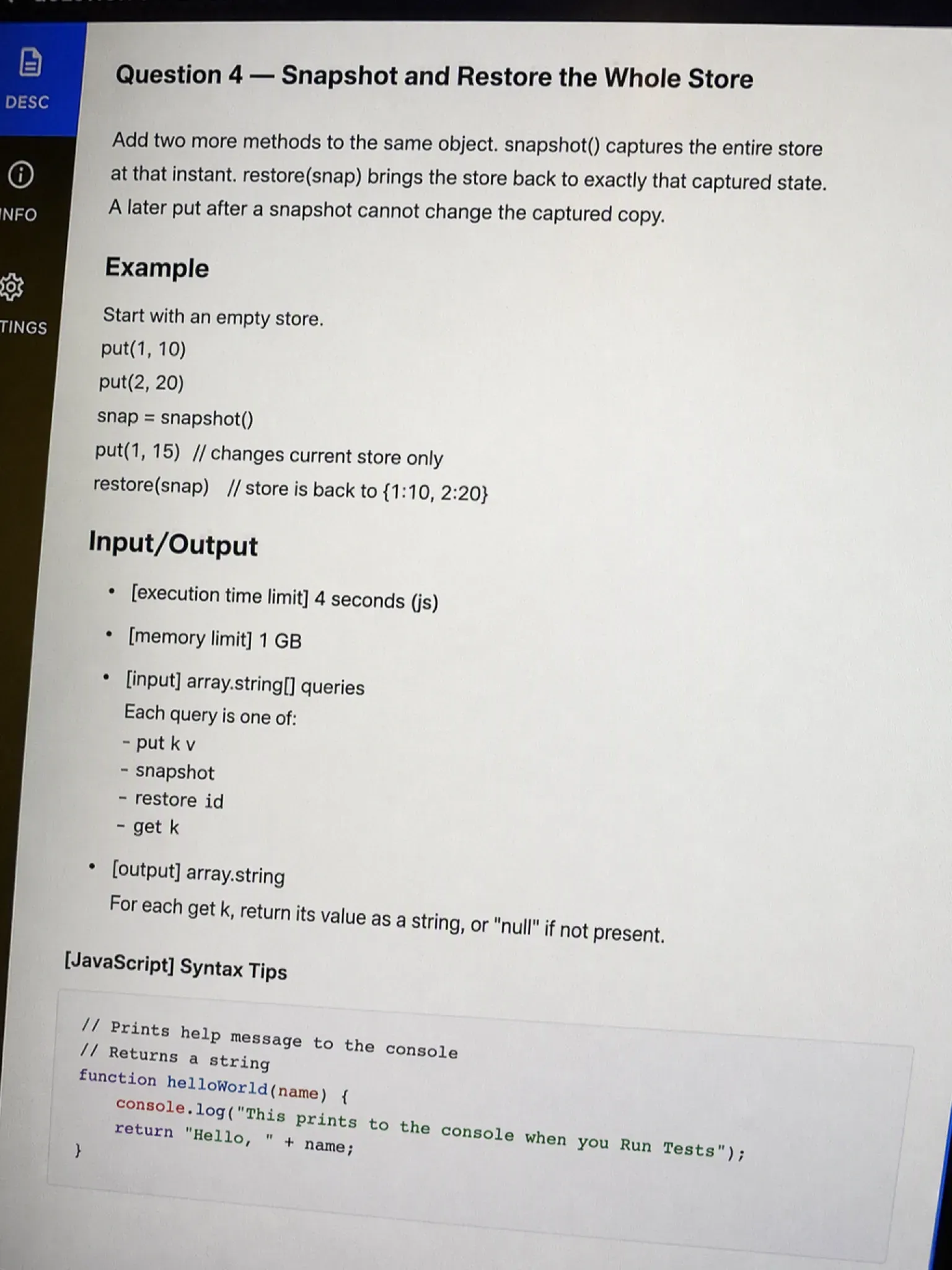 CodeSignal OA question 4: Snapshot and Restore the Whole Store