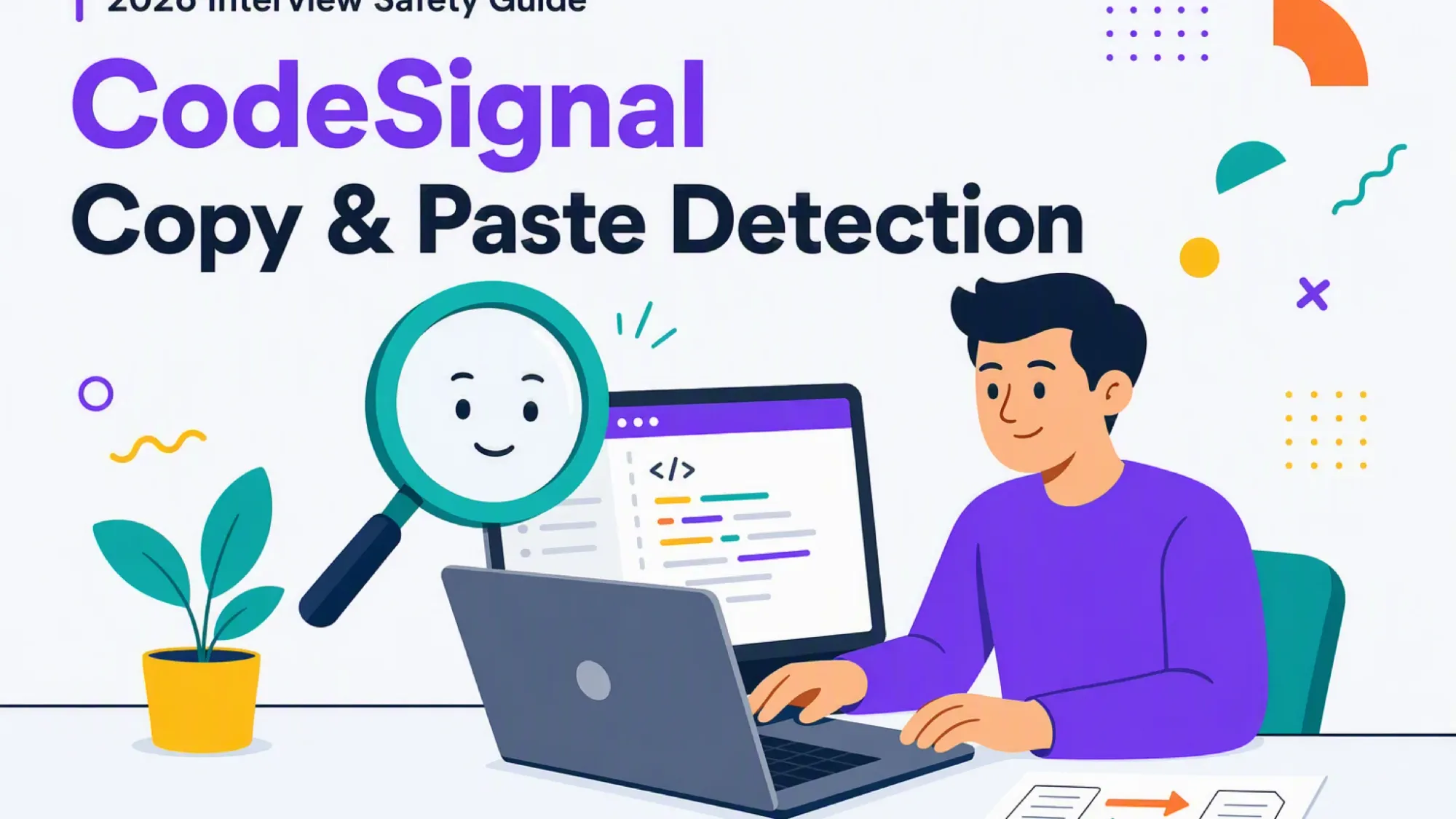 Editorial cover for the CodeSignal copy-paste detection guide showing a candidate at a laptop with a monitoring magnifier and a copy-paste document.