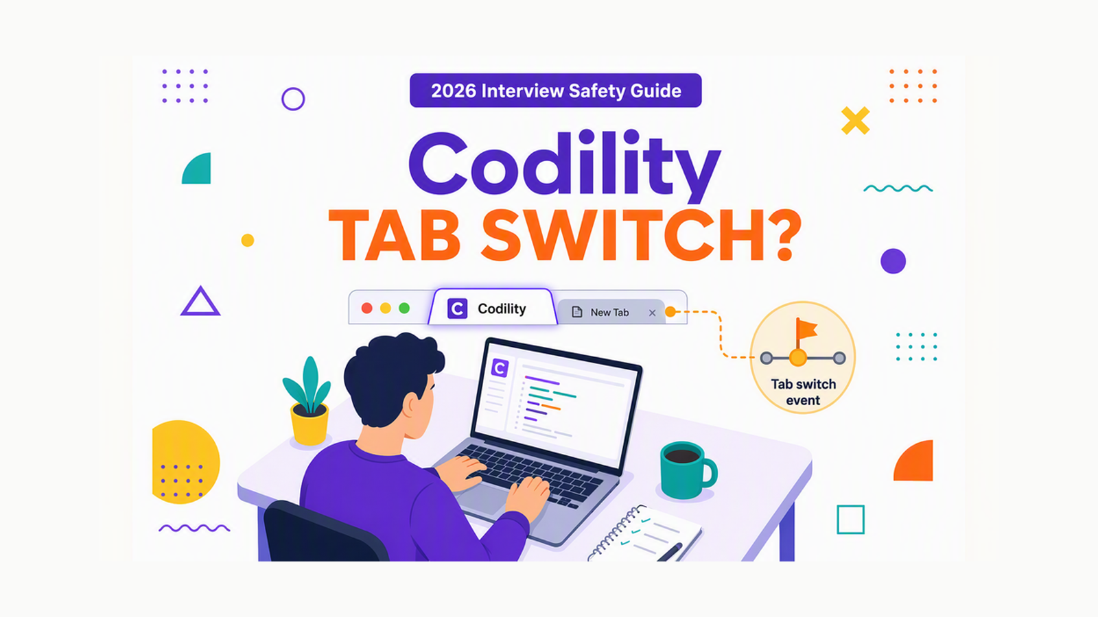 Codility tab-switching cover showing conditional detection question with a browser-tab event indicator and disclosure boundary