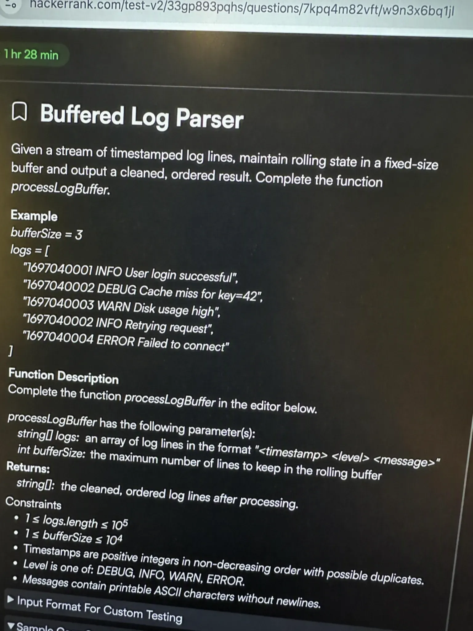 HackerRank OA question 1 — Buffered Log Parser