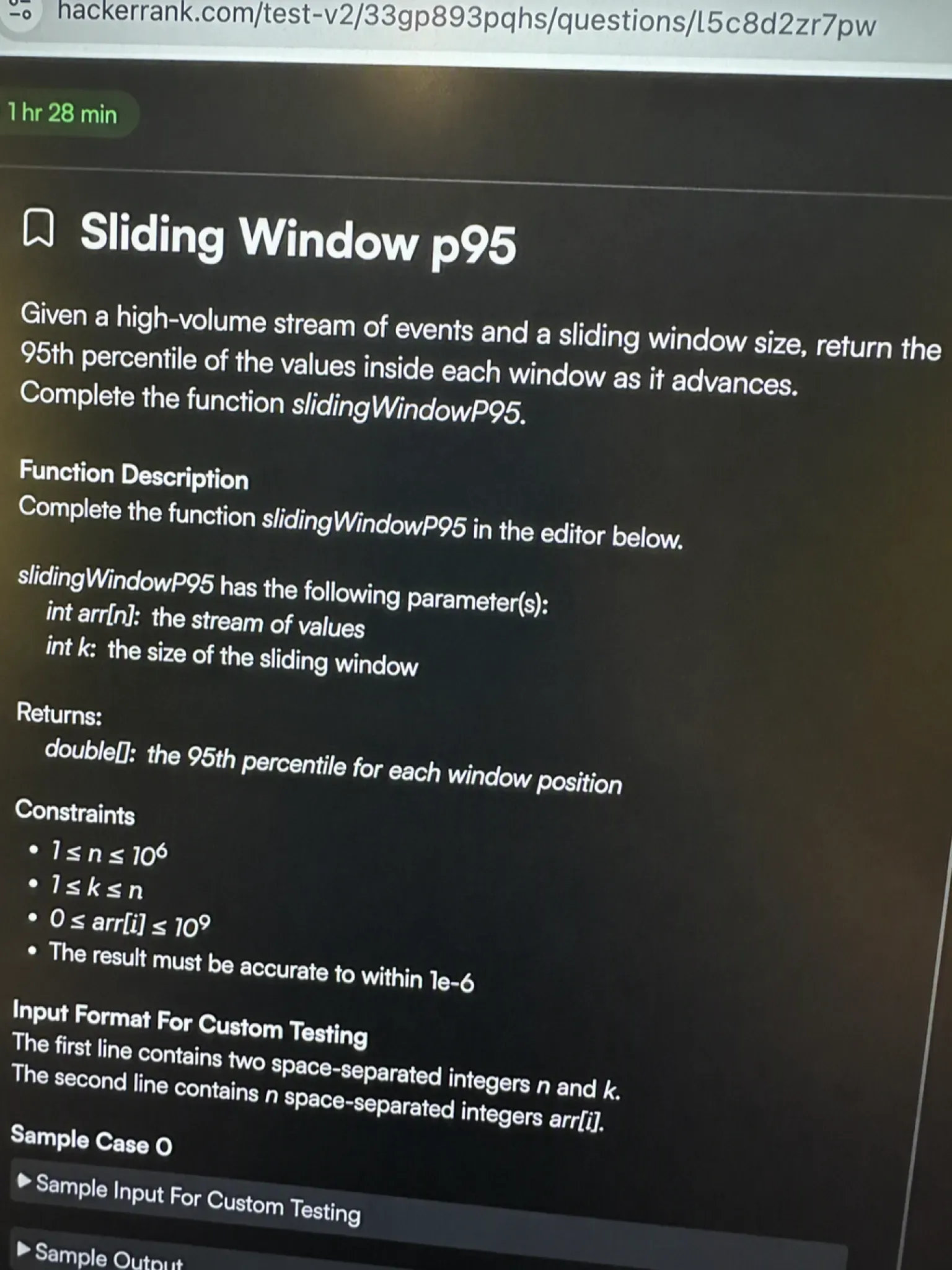 HackerRank OA question 2 — Sliding Window p95