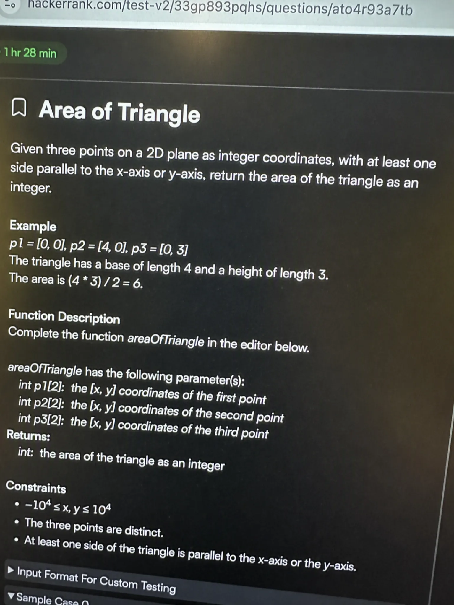 HackerRank OA question 1, Area of Triangle, shown in the exam problem panel above the code editor