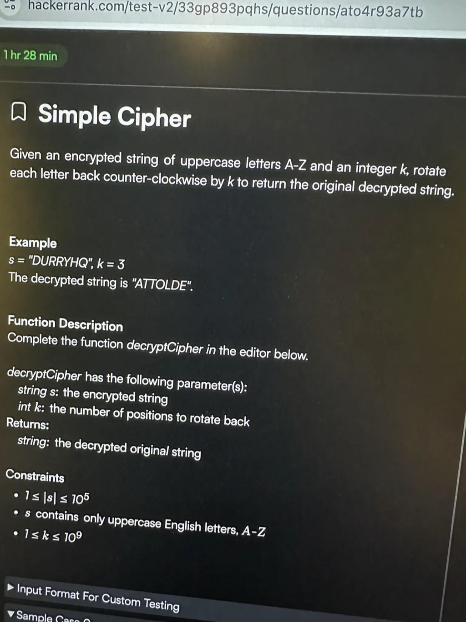 HackerRank OA question 2, Simple Cipher, shown in the exam problem panel with constraints and sample cases