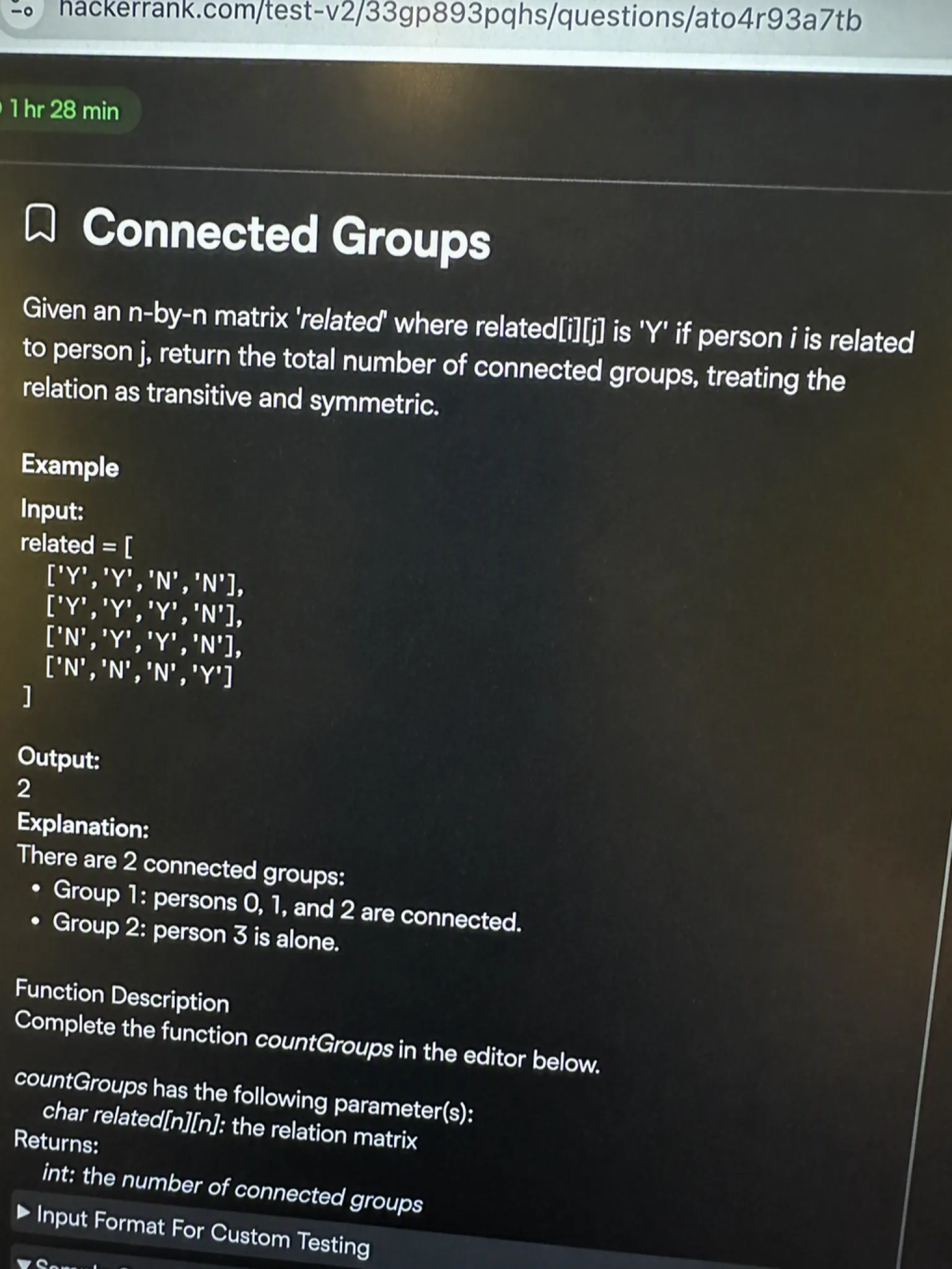 HackerRank OA question 3, Connected Groups, shown in the exam problem panel with the related matrix description