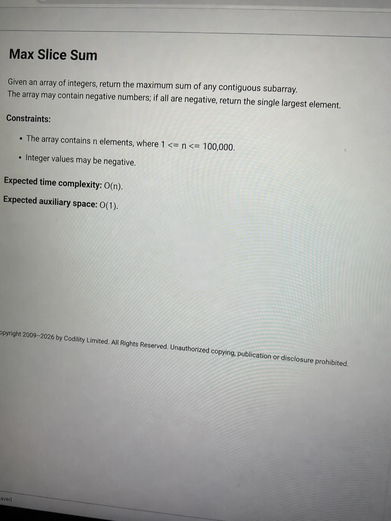 Codility OA question 1: Max Slice Sum