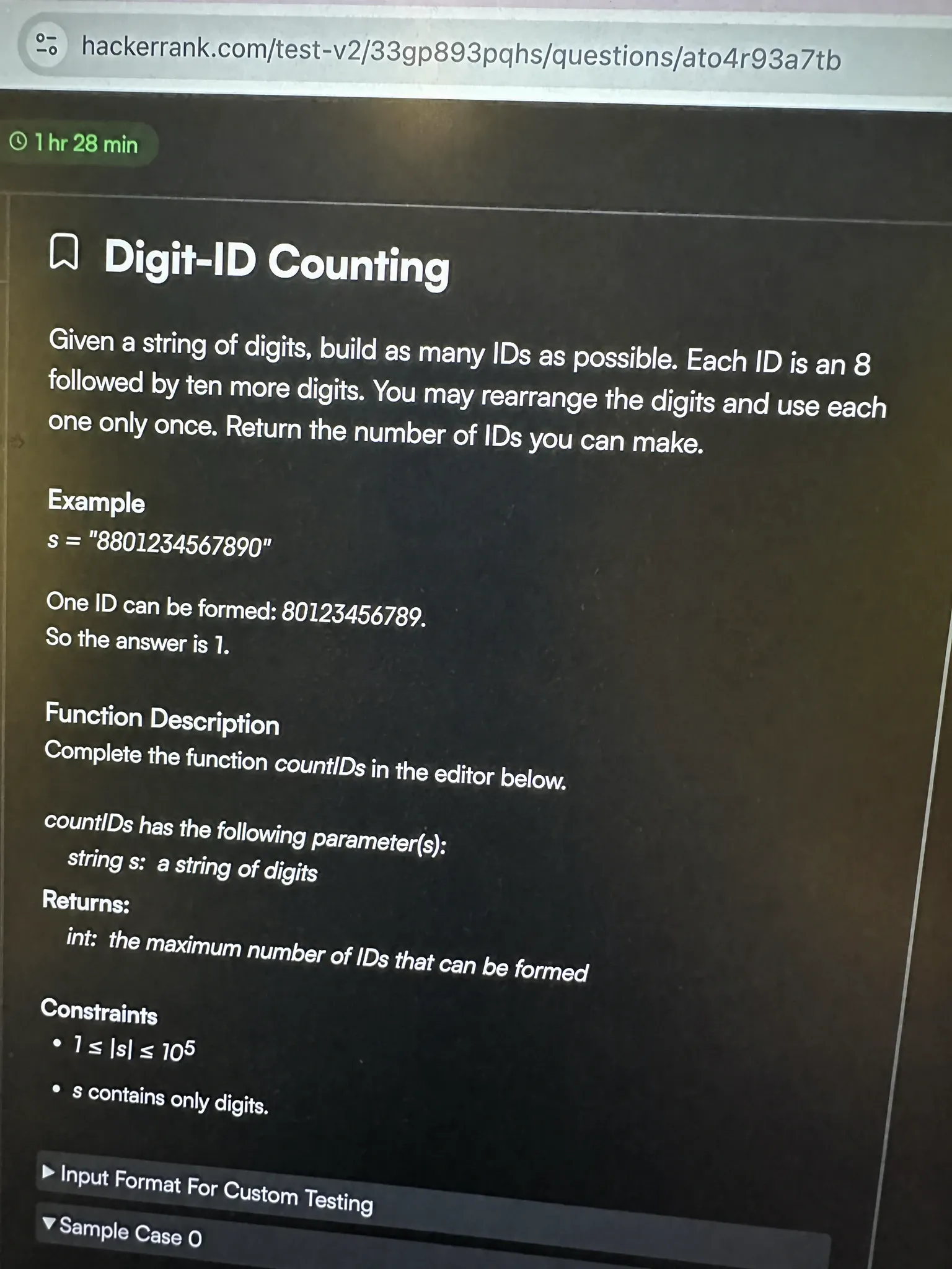 Goldman Sachs HackerRank OA: Question 1 Digit-ID Counting prompt